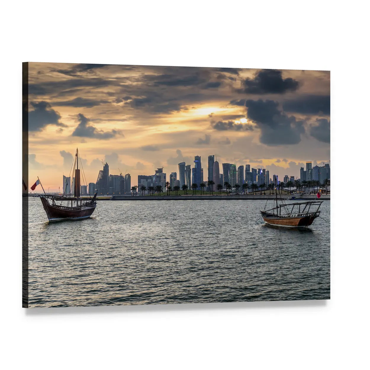 Doha Bay Skyline with Dhow Boats Canvas Wall Art, single panel gallery wrapped canvas, angled product view