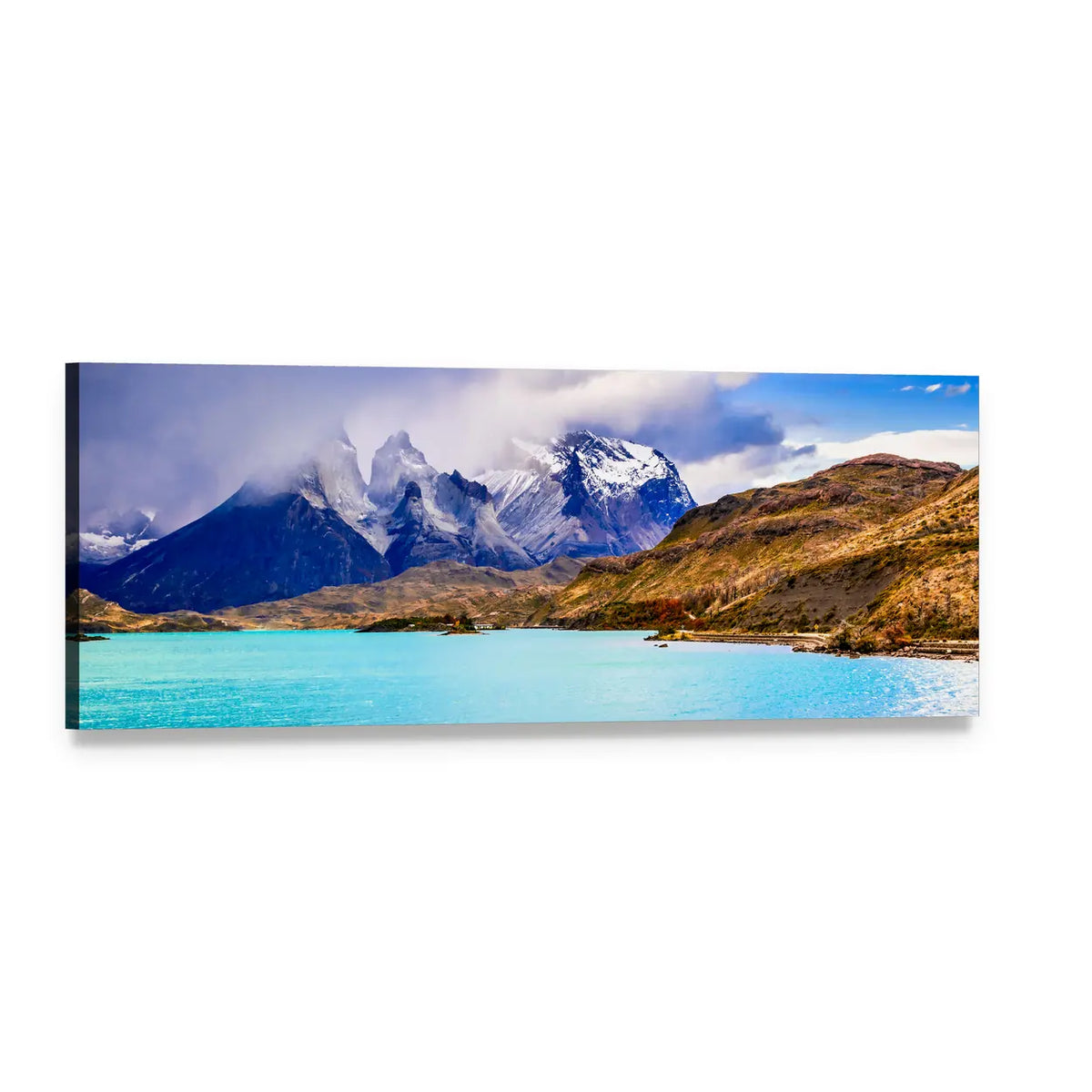 Torres Del Paine Turquoise Lake and Snow Peaks Panoramic Canvas Wall Art, single panel gallery wrapped canvas, angled product view