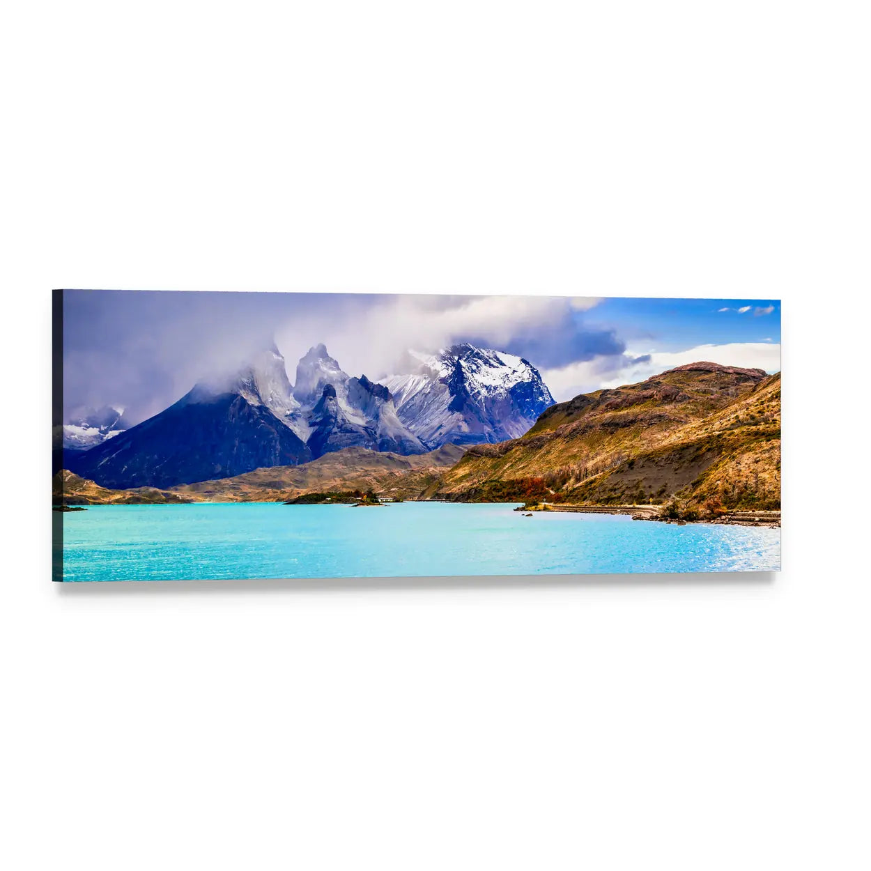 Torres Del Paine Turquoise Lake and Snow Peaks Panoramic Canvas Wall Art, single panel gallery wrapped canvas, angled product view