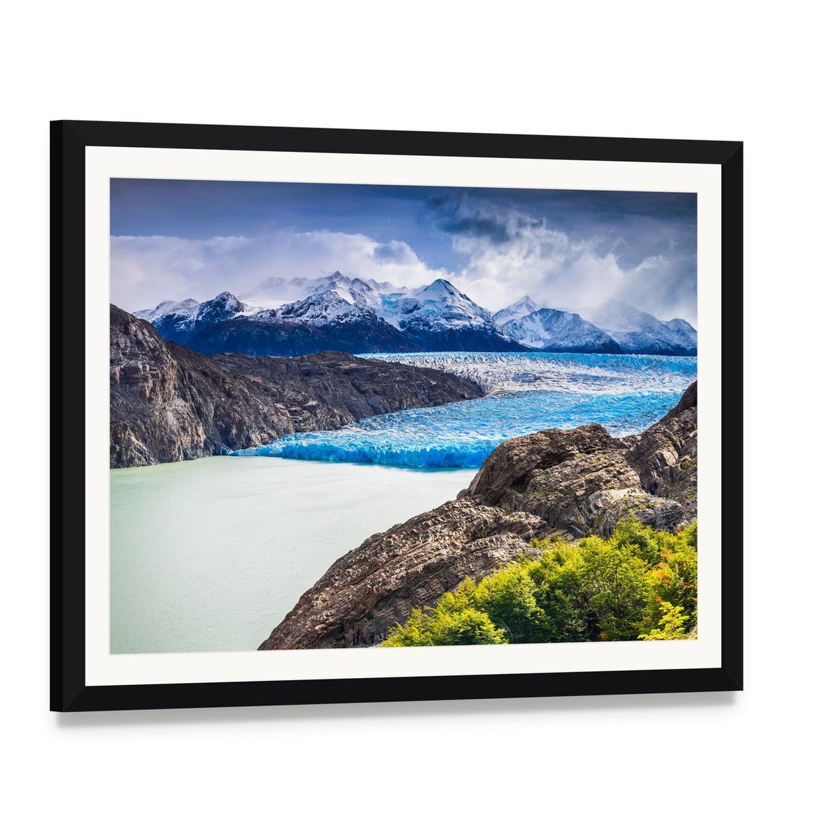 Grey Glacier in Chile Canvas Wall Art, framed print with white mat and black frame, angled product view