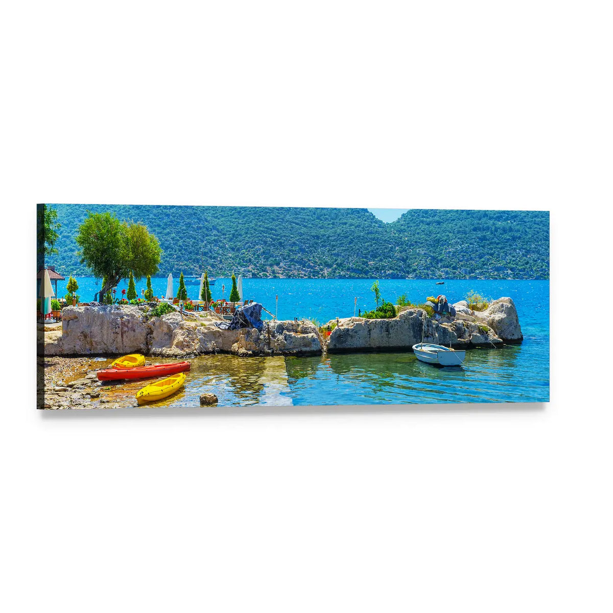 Coast of Kalekoy with Kayaks Panoramic Canvas Wall Art, single panel gallery wrapped canvas, angled product view