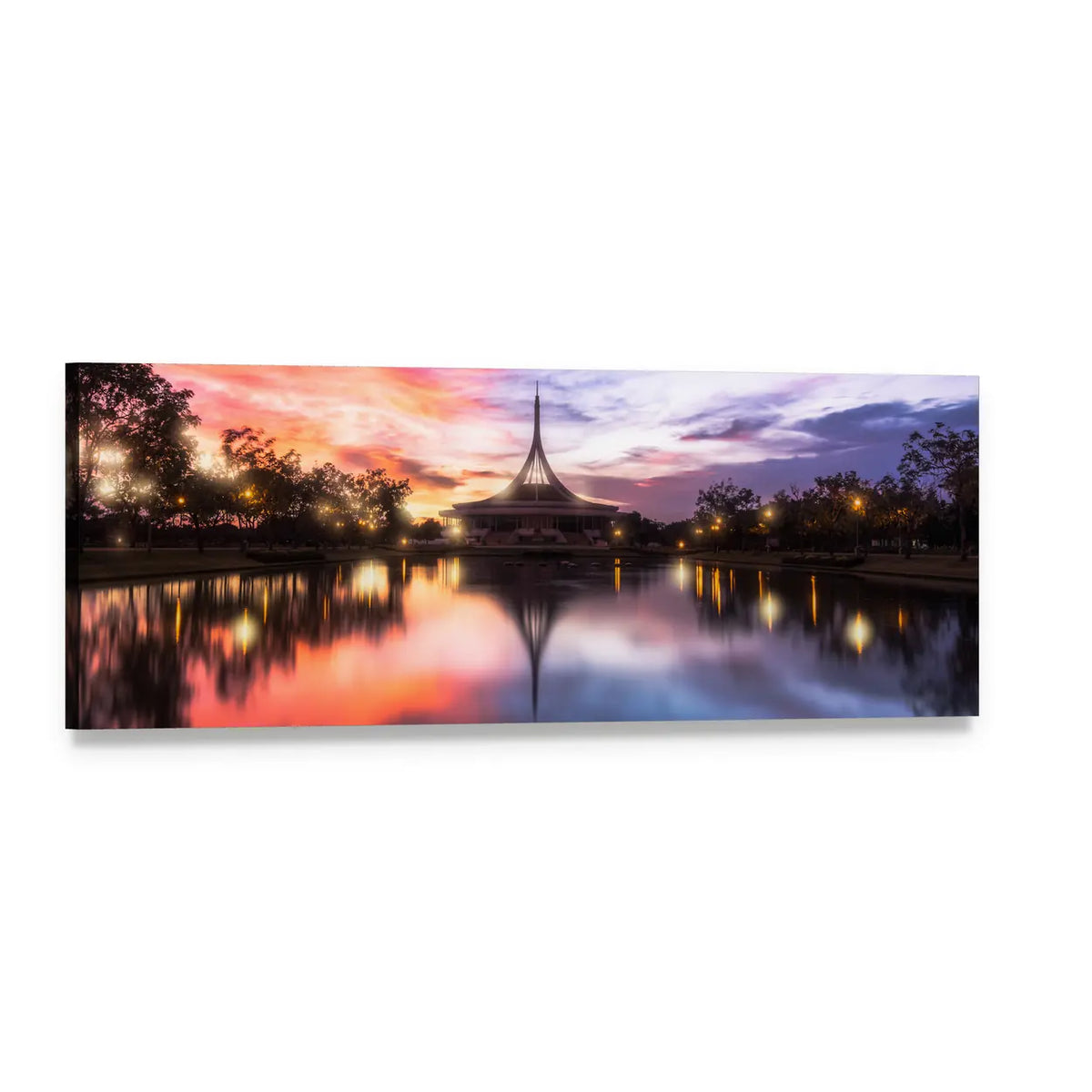 Sunset Pavilion with Mirror Reflection Panoramic Canvas Wall Art, single panel gallery wrapped canvas, angled product view