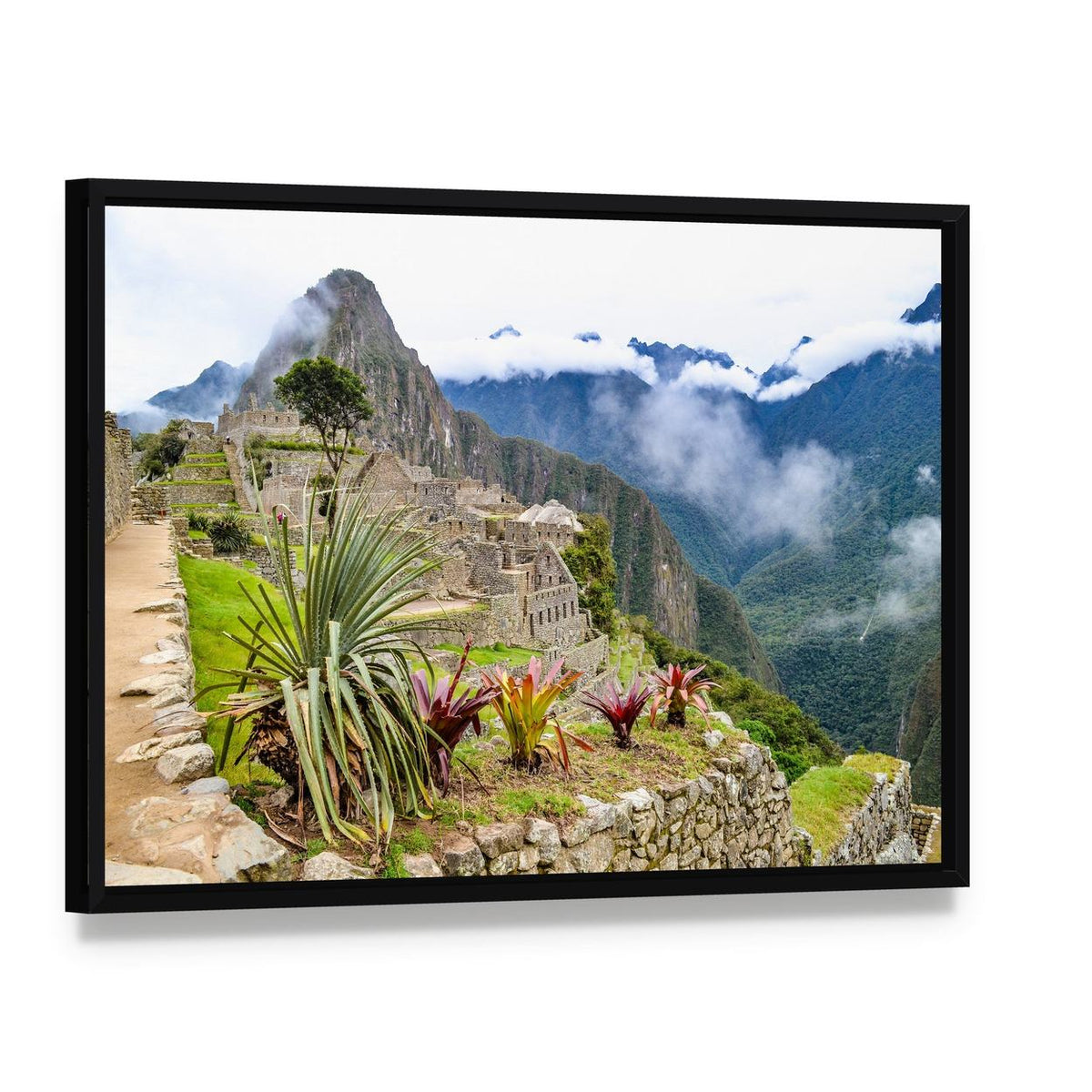 Machu Picchu Misty Andean Ruins Canvas Wall Art, framed canvas in a black floater frame, angled product view