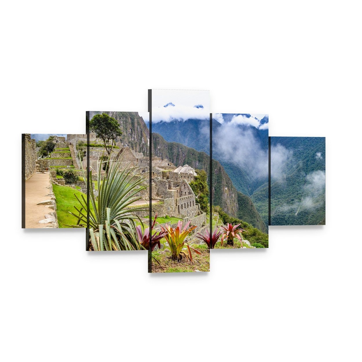 Machu Picchu Misty Andean Ruins Canvas Wall Art, 5 panel 5 Star layout gallery wrapped canvas set, angled product view