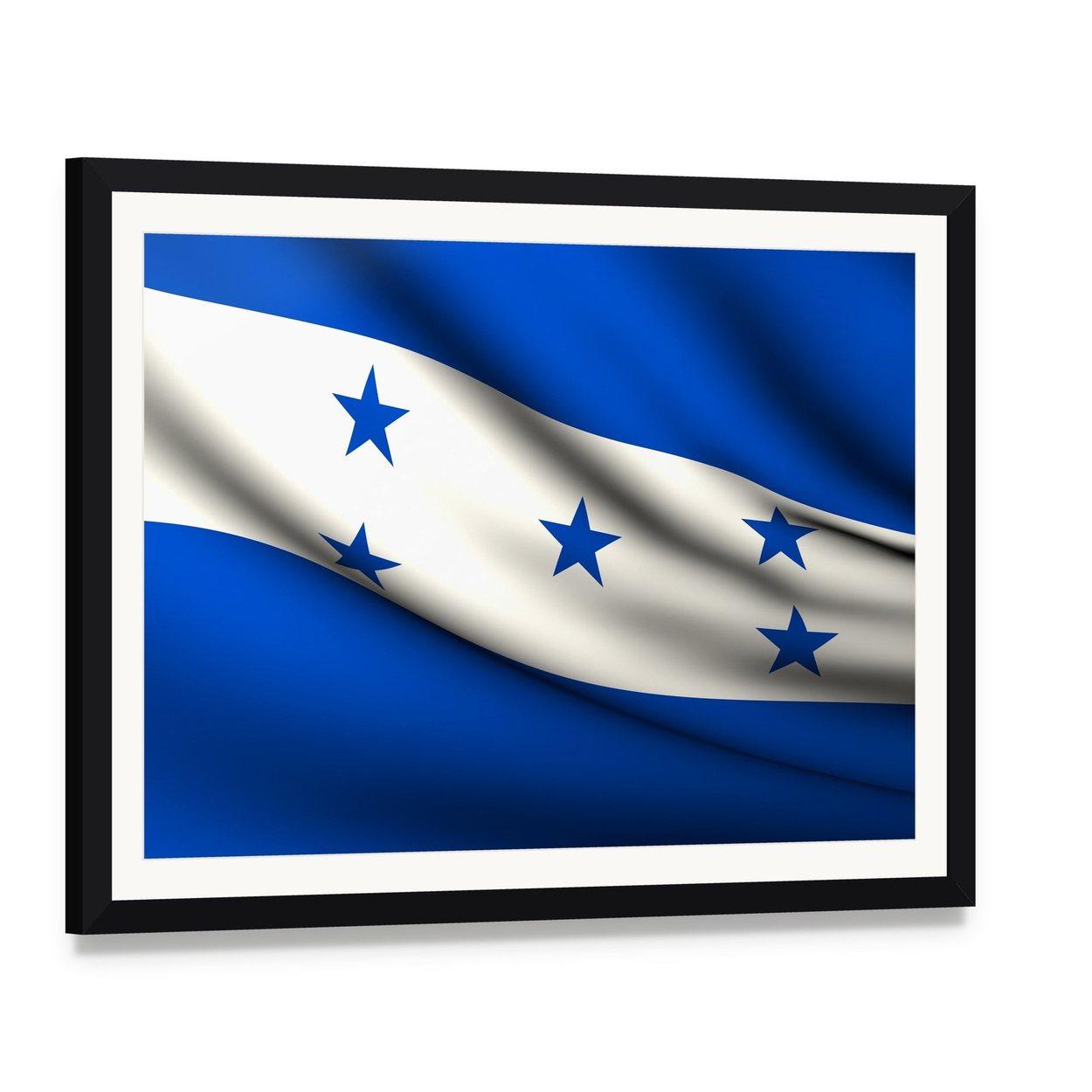 Waving Honduras Flag Canvas Wall Art, framed print with white mat and black frame, angled product view