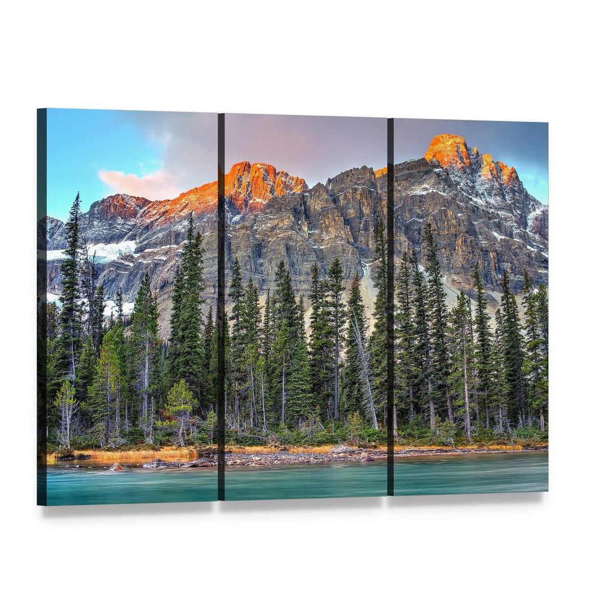 Bow Lake at Sunrise Canvas Wall Art, 3 panel 3 Horizontal layout gallery wrapped canvas set, angled product view