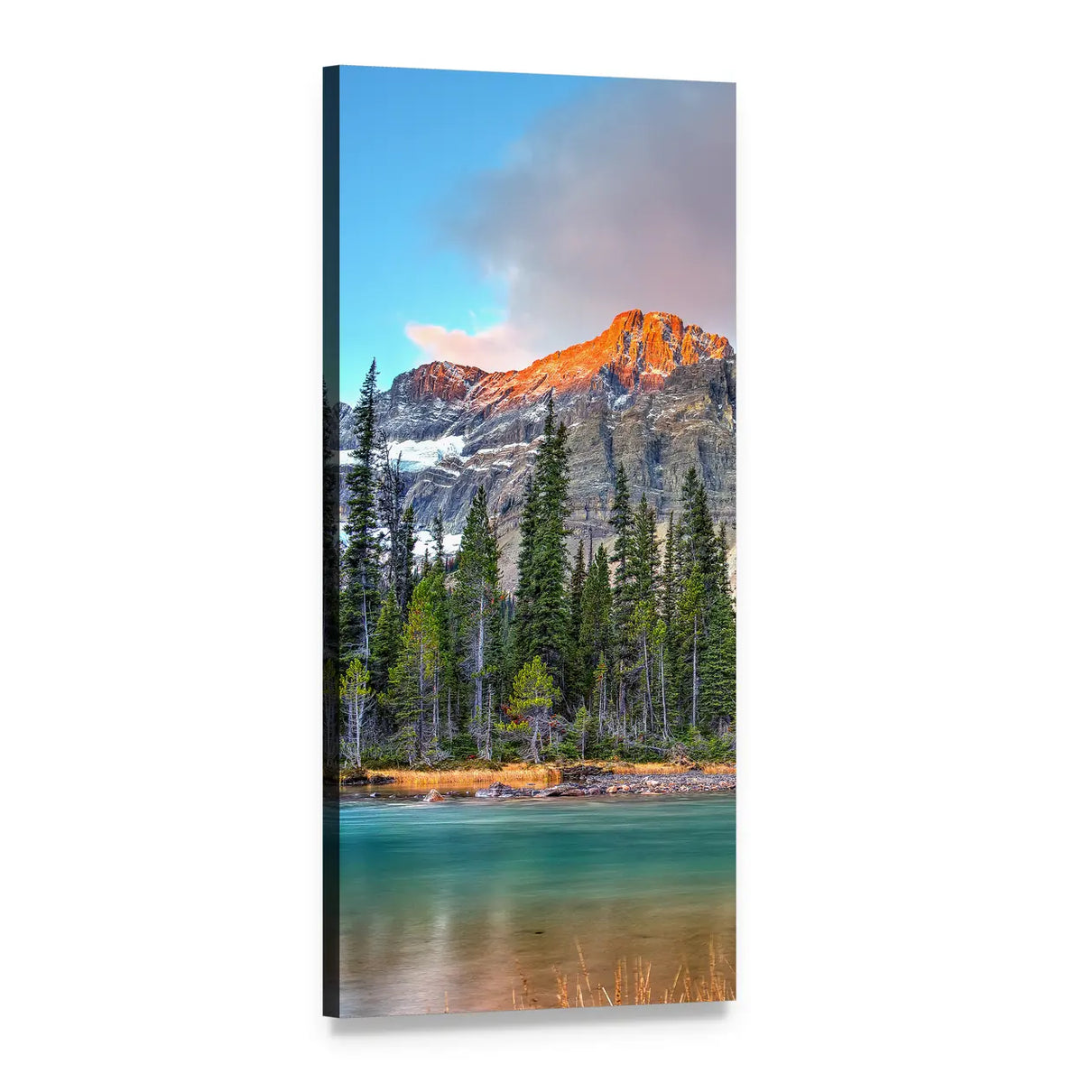 Bow Lake at Sunrise Vertical Canvas Wall Art, 1 panel 1 Vertical layout gallery wrapped canvas set, angled product view