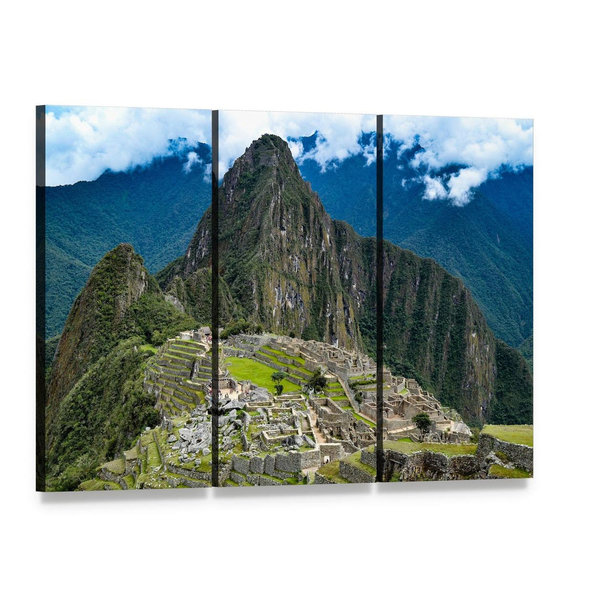 Machu Picchu Morning View Canvas Wall Art, 3 panel 3 Horizontal layout gallery wrapped canvas set, angled product view