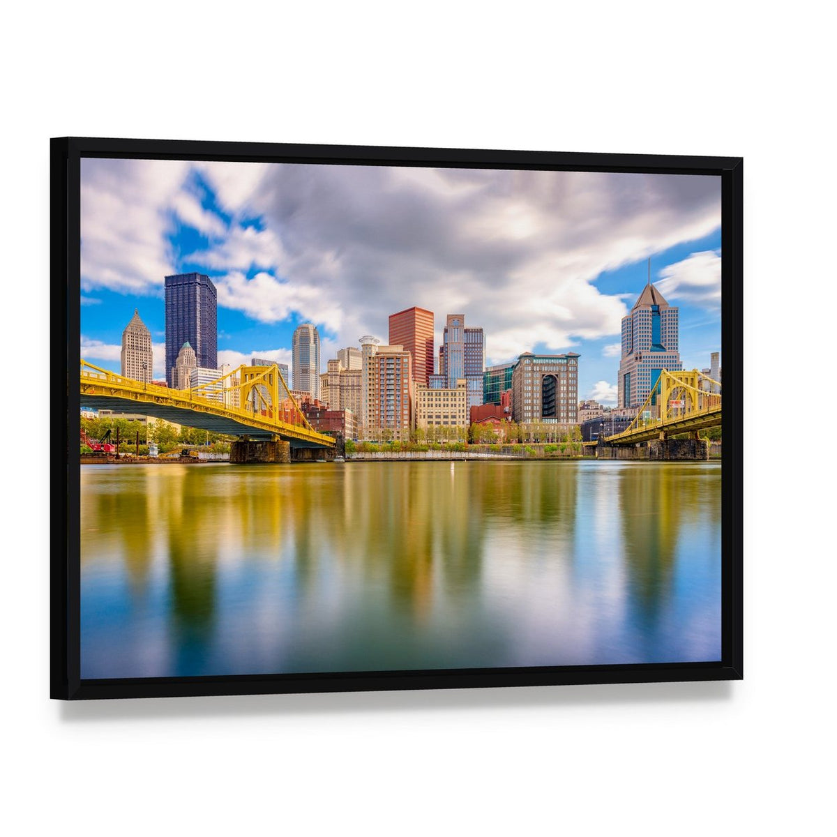 Pittsburgh Skyline Canvas Wall Art, framed canvas in a black floater frame, angled product view