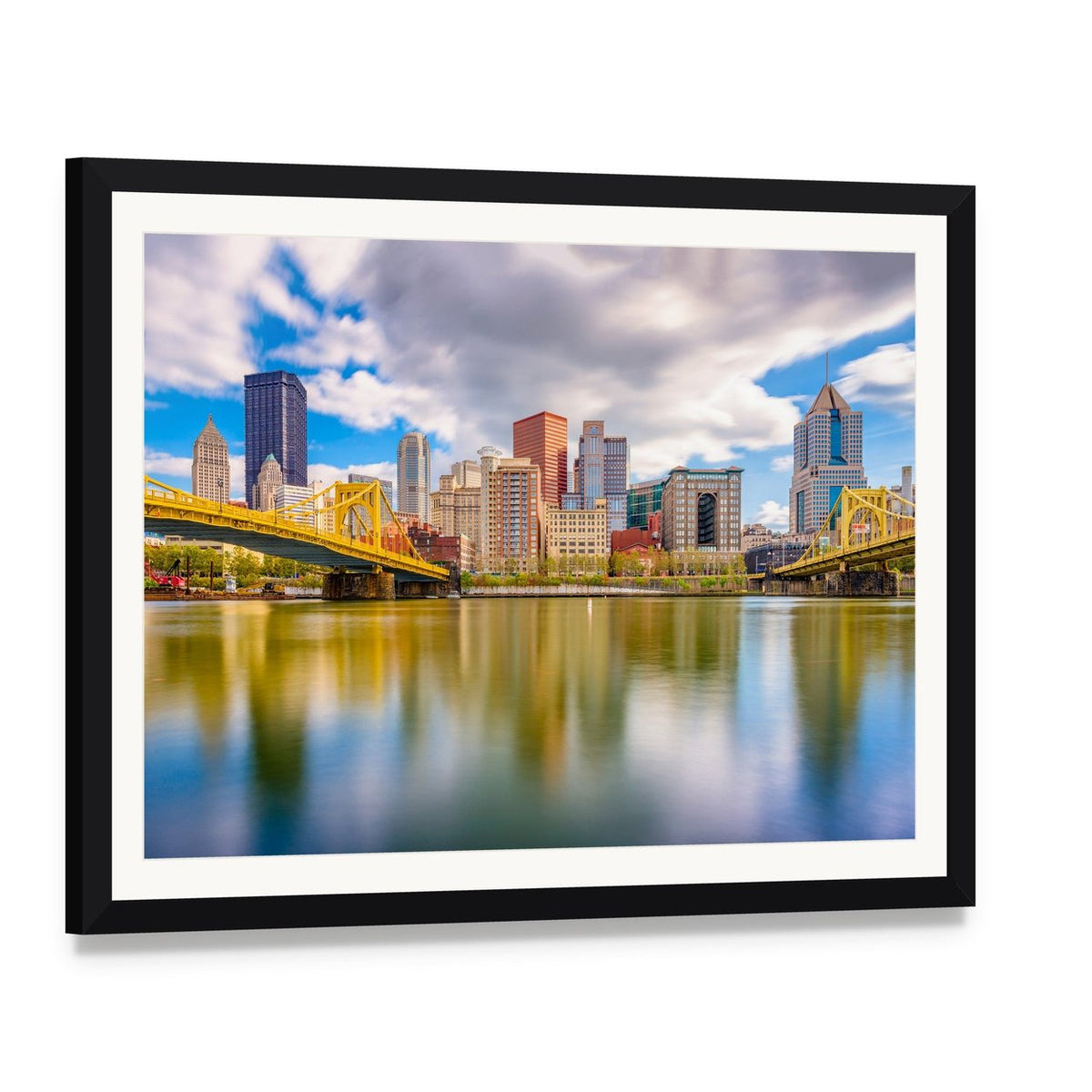 Pittsburgh Skyline Canvas Wall Art, framed print with white mat and black frame, angled product view