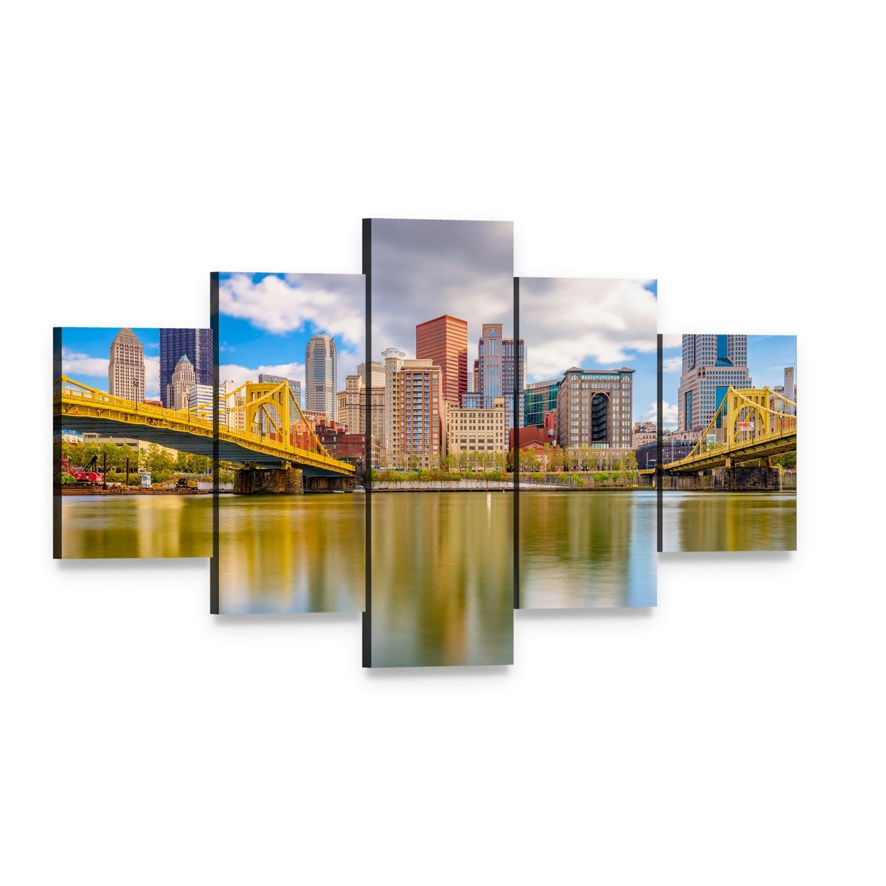 Pittsburgh Skyline Canvas Wall Art, 5 panel 5 Star layout gallery wrapped canvas set, angled product view