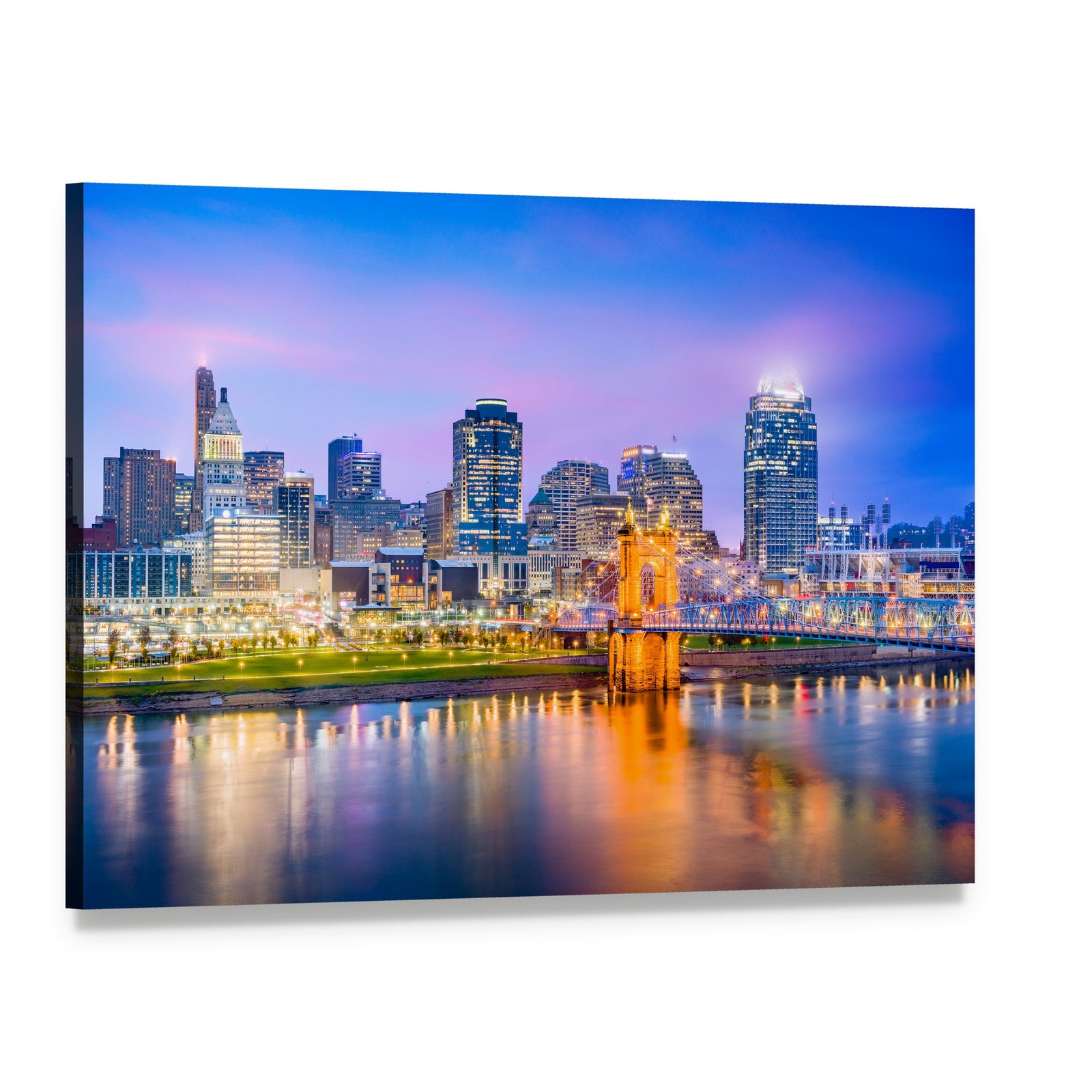 Cincinnati Skyline on River Canvas Wall Art, single panel gallery wrapped canvas, angled product view