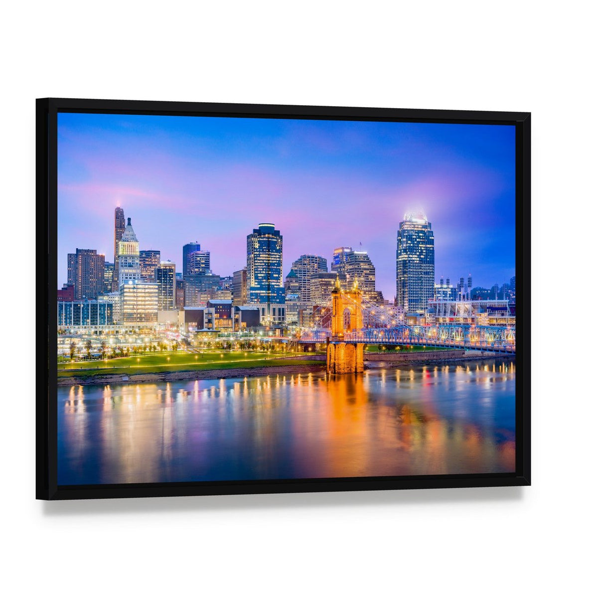 Cincinnati Skyline on River Canvas Wall Art, framed canvas in a black floater frame, angled product view