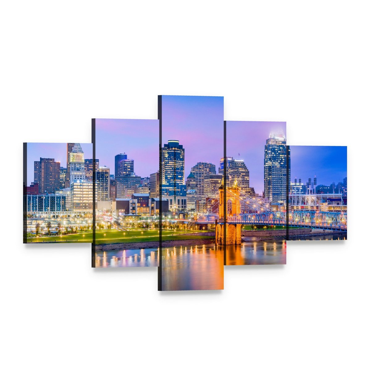 Cincinnati Skyline on River Canvas Wall Art, 5 panel 5 Star layout gallery wrapped canvas set, angled product view