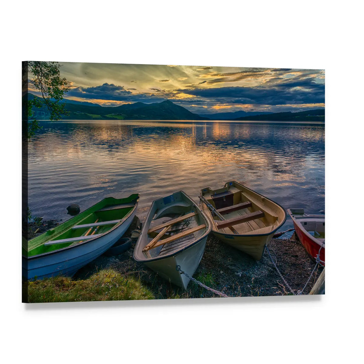 Rowboats at Sunset on Quiet Lake Canvas Wall Art, single panel gallery wrapped canvas, angled product view