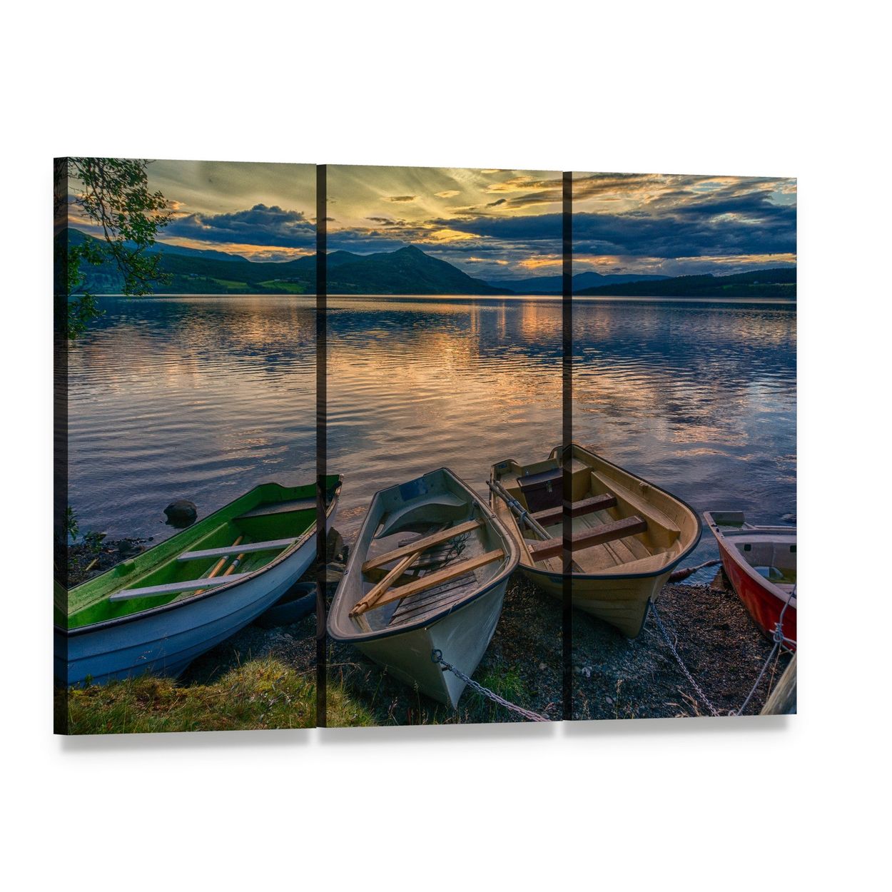 Three Boats Near Silence Lake Canvas Wall Art, 3 panel 3 Horizontal layout gallery wrapped canvas set, angled product view