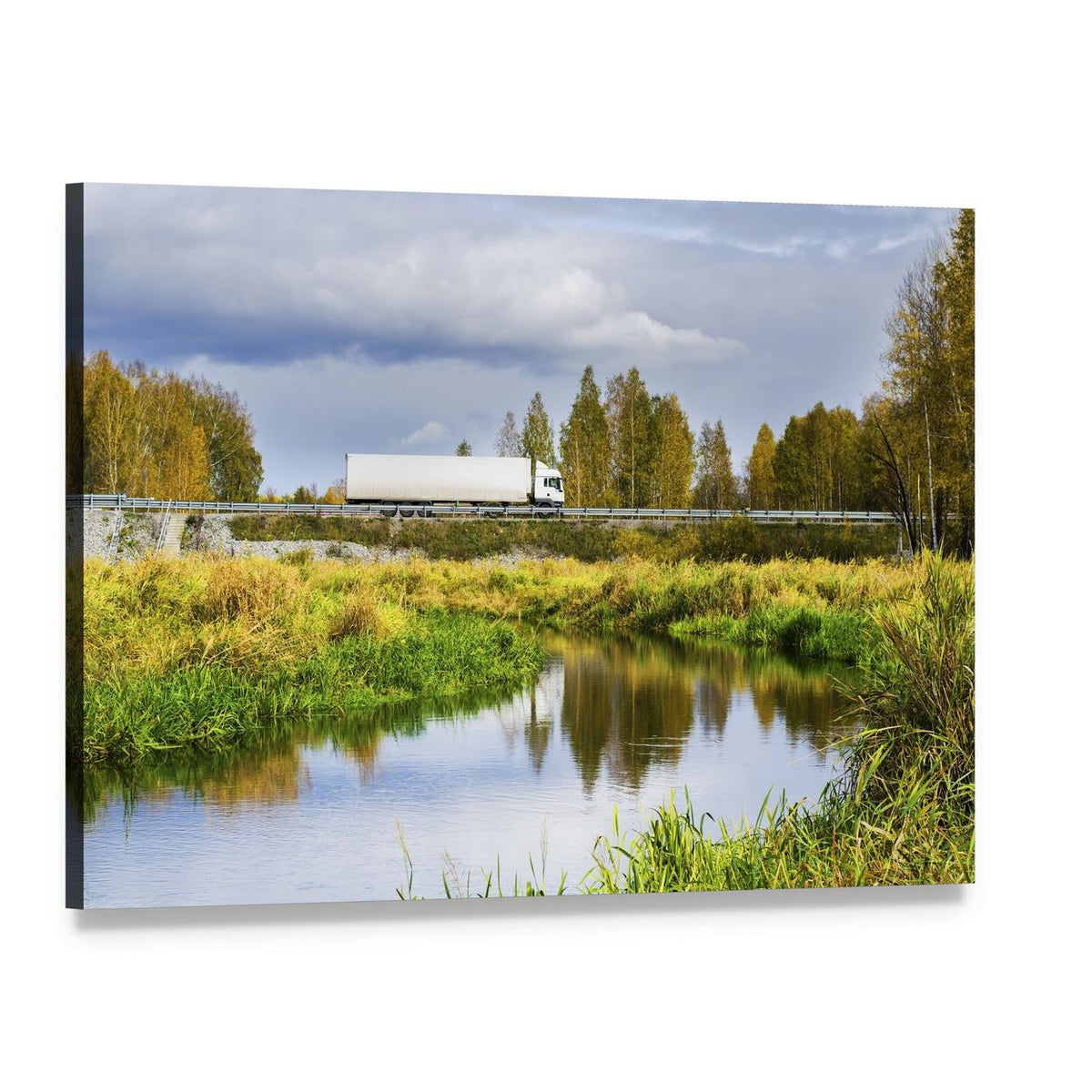 Autumn Overpass with Truck and River Canvas Wall Art, single panel gallery wrapped canvas, angled product view