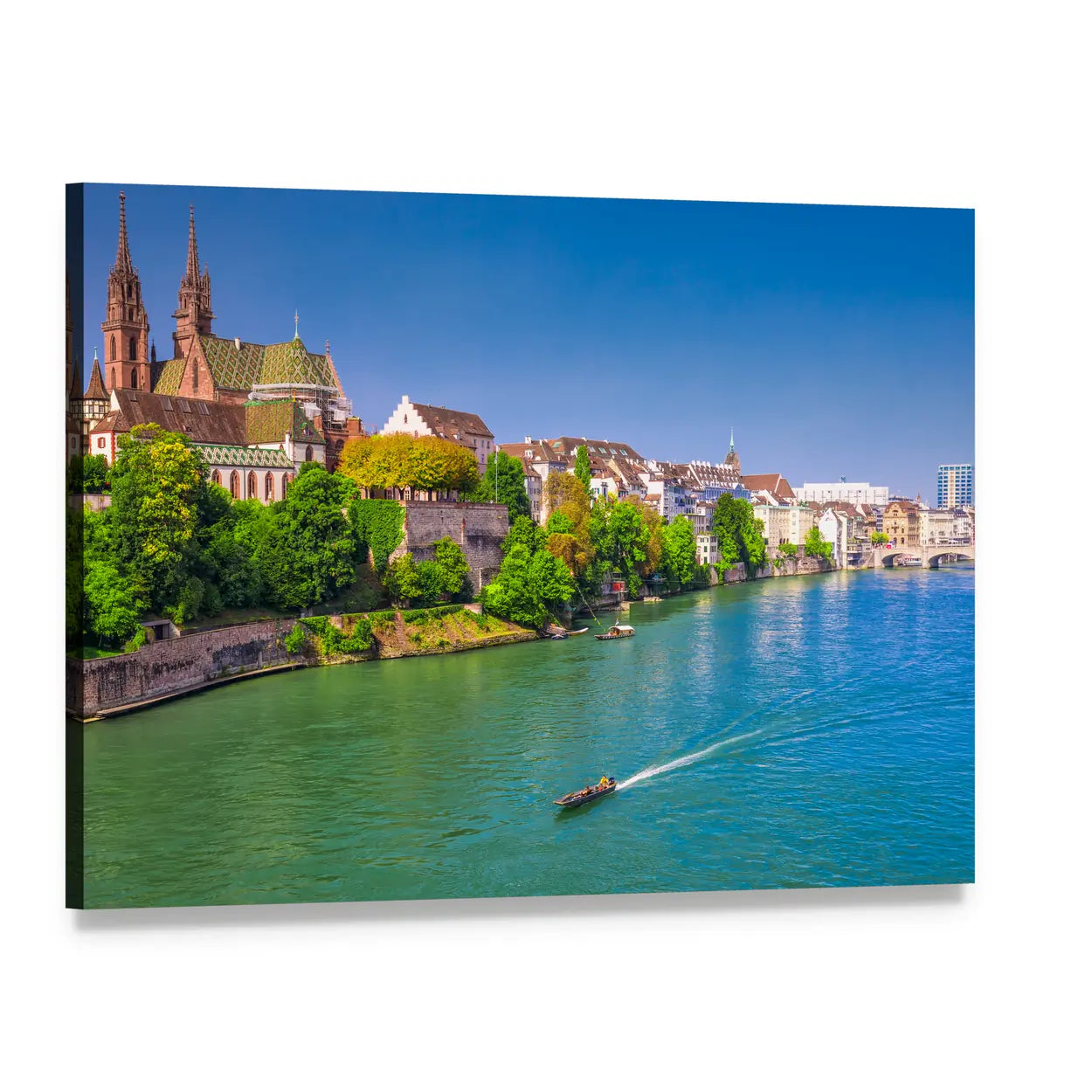 Old City Center Of Basel With Munster Cathedral Switzerland Canvas Wall Art, single panel gallery wrapped canvas, angled product view