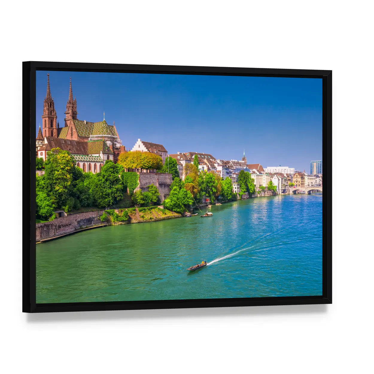Old City Center Of Basel With Munster Cathedral Switzerland Canvas Wall Art, framed canvas in a black floater frame, angled product view