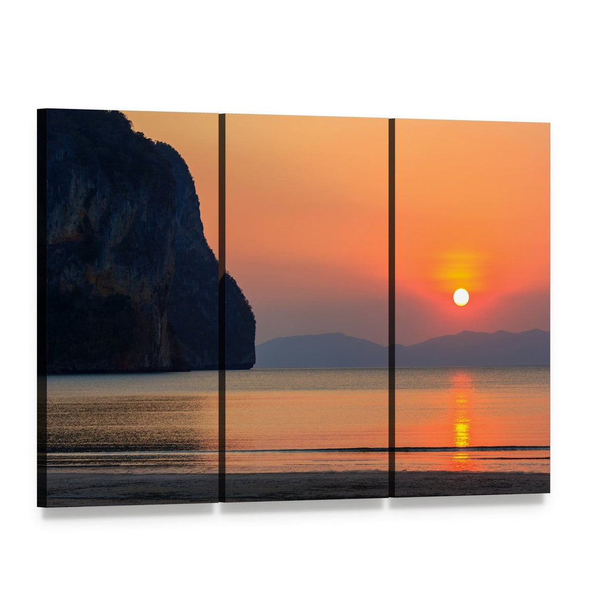 Sunset Over Beach and Cliff Canvas Wall Art, 3 panel 3 Horizontal layout gallery wrapped canvas set, angled product view