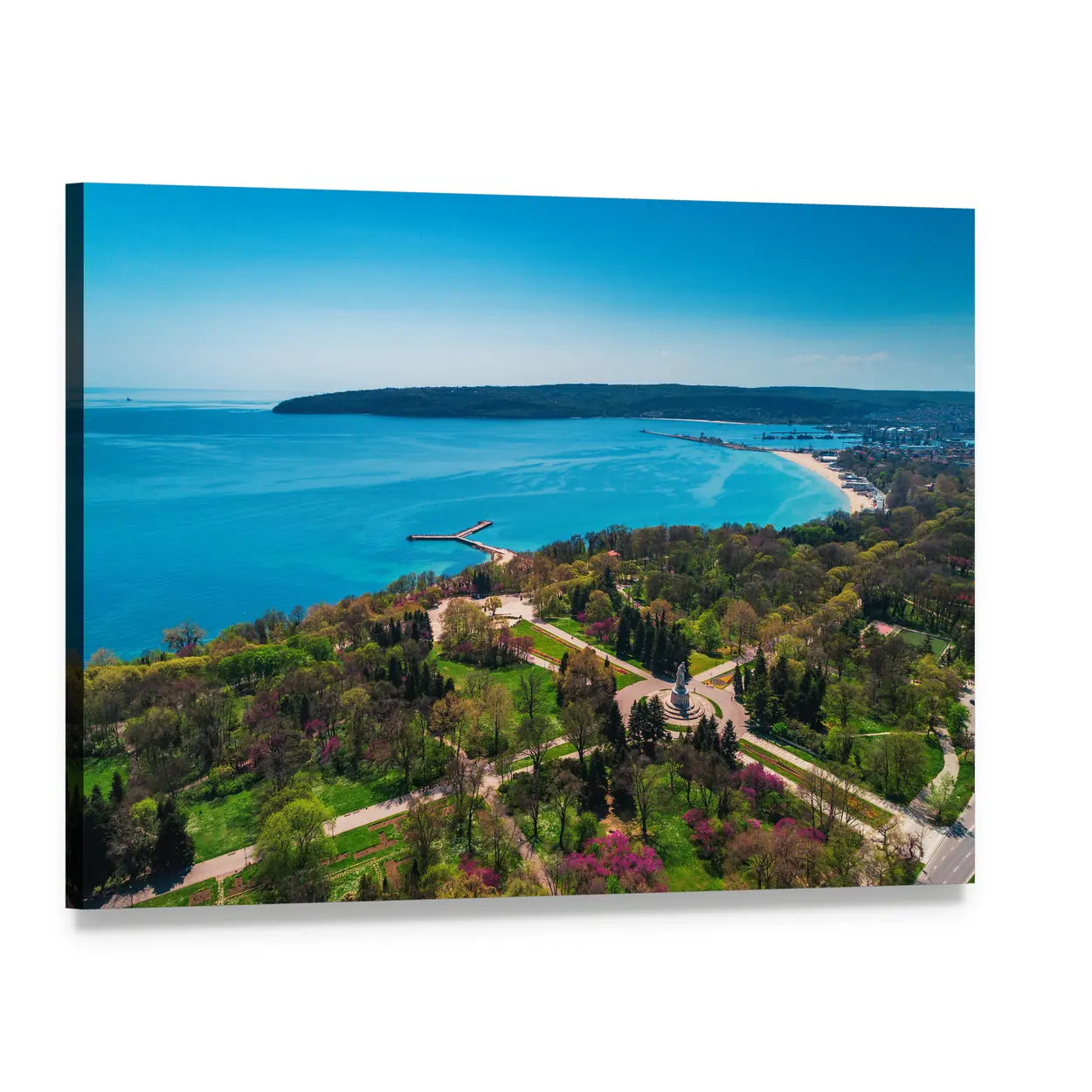 Coastal Park with Pier Aerial View Canvas Wall Art, single panel gallery wrapped canvas, angled product view