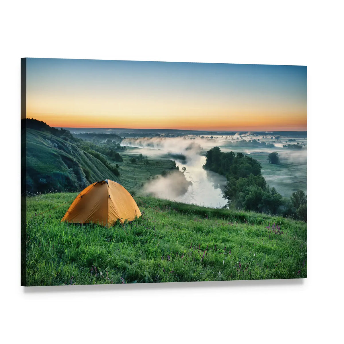 Orange Tent on Grassy Hillside Canvas Wall Art, single panel gallery wrapped canvas, angled product view