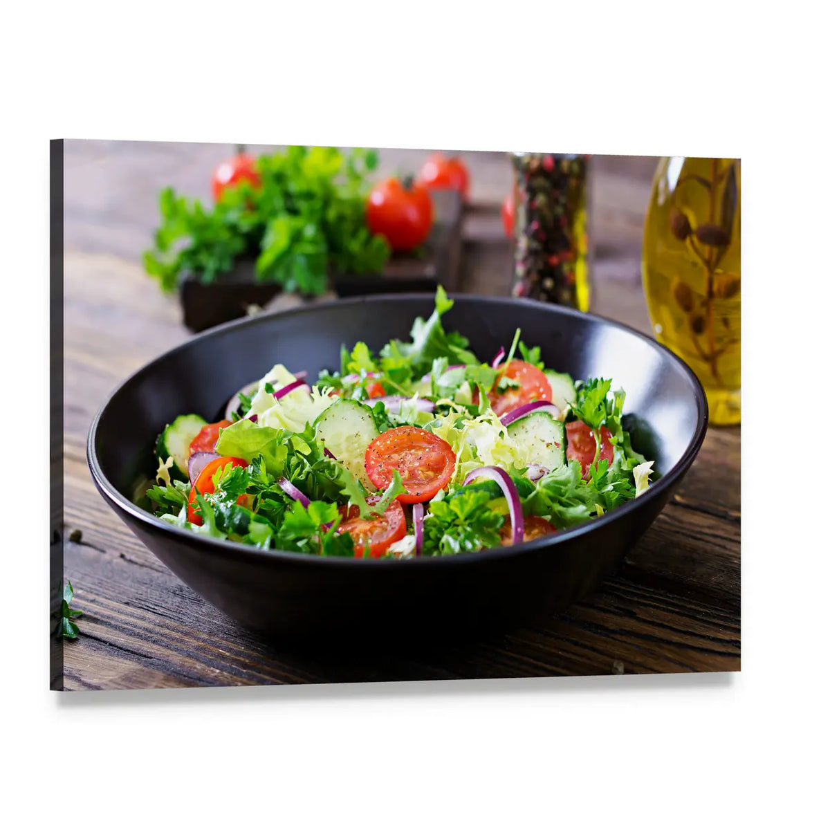 Mixed Green Salad in Black Bowl Canvas Wall Art, single panel gallery wrapped canvas, angled product view