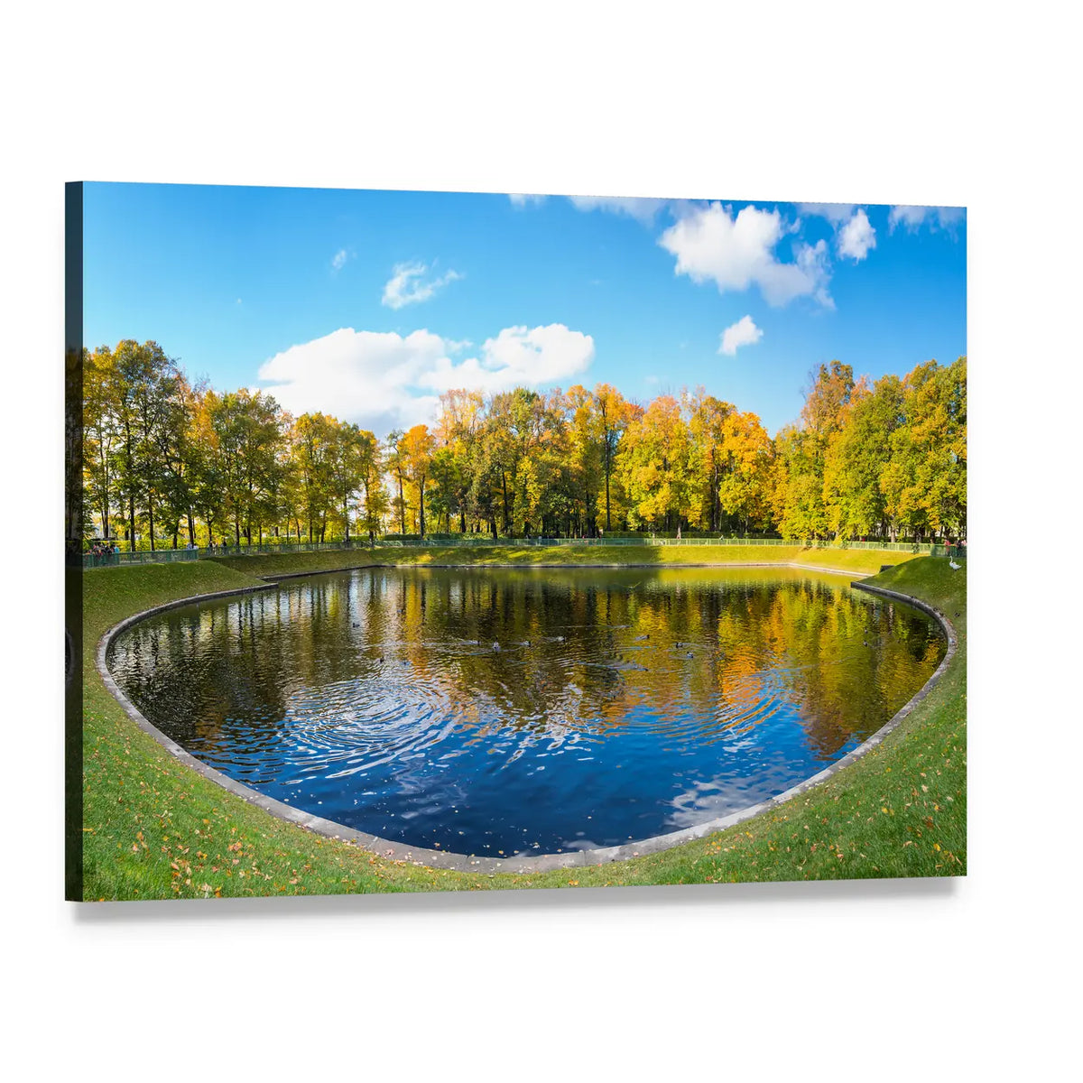 Autumn Pond Reflections with Golden Trees Canvas Wall Art, single panel gallery wrapped canvas, angled product view