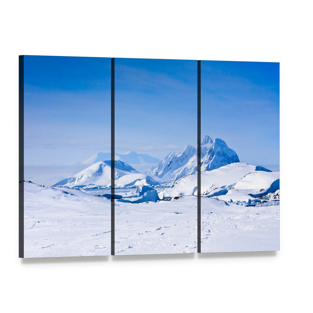 Snow Capped Mountains in Antarctica Canvas Wall Art, 3 panel 3 Horizontal layout gallery wrapped canvas set, angled product view