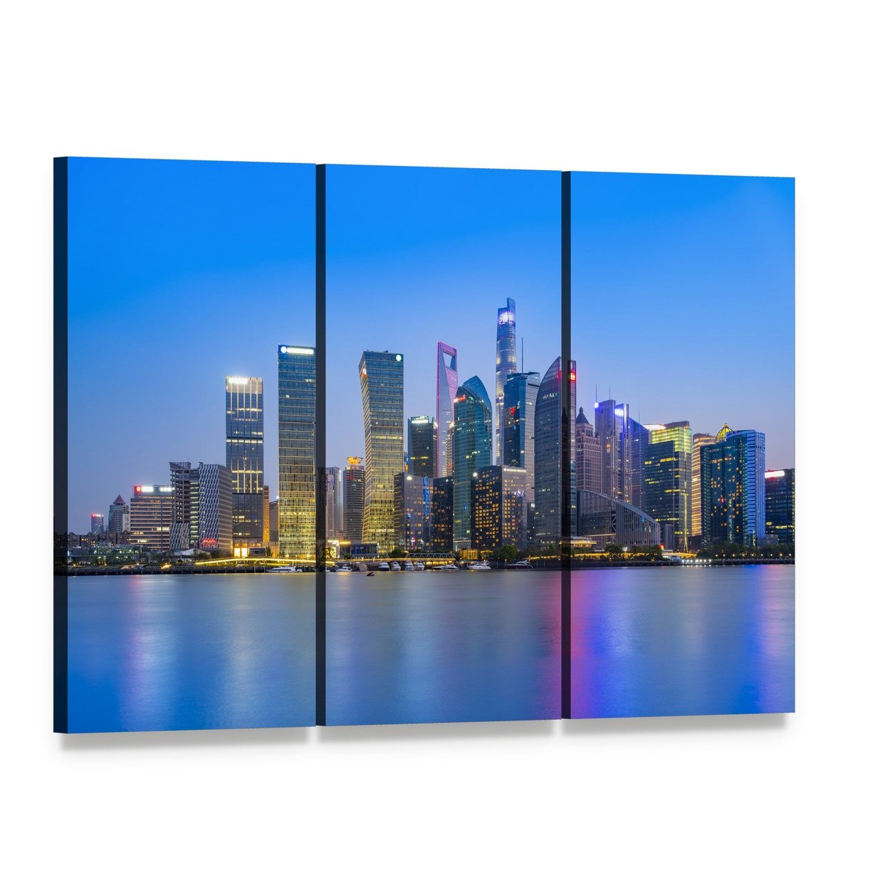 Skyscrapers in Shanghai Financial District Canvas Wall Art, 3 panel 3 Horizontal layout gallery wrapped canvas set, angled product view