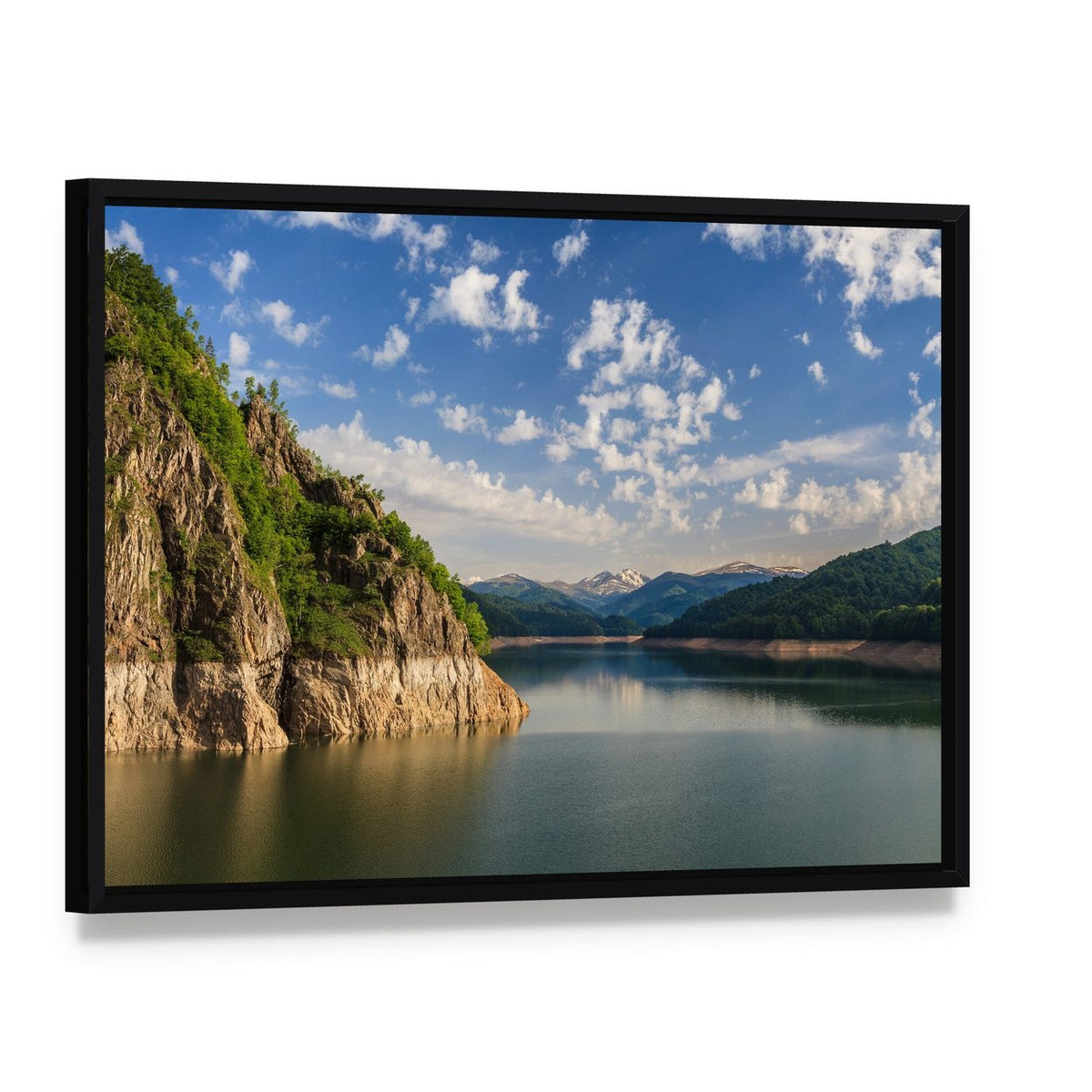 Lake Vidraru, Romania Canvas Wall Art, framed canvas in a black floater frame, angled product view