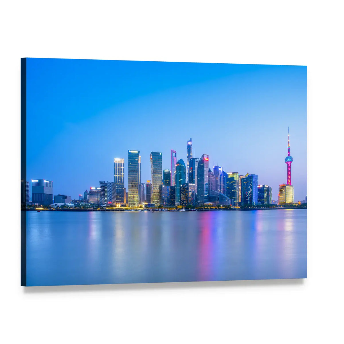 Shanghai Skyline at Dusk Canvas Wall Art, single panel gallery wrapped canvas, angled product view
