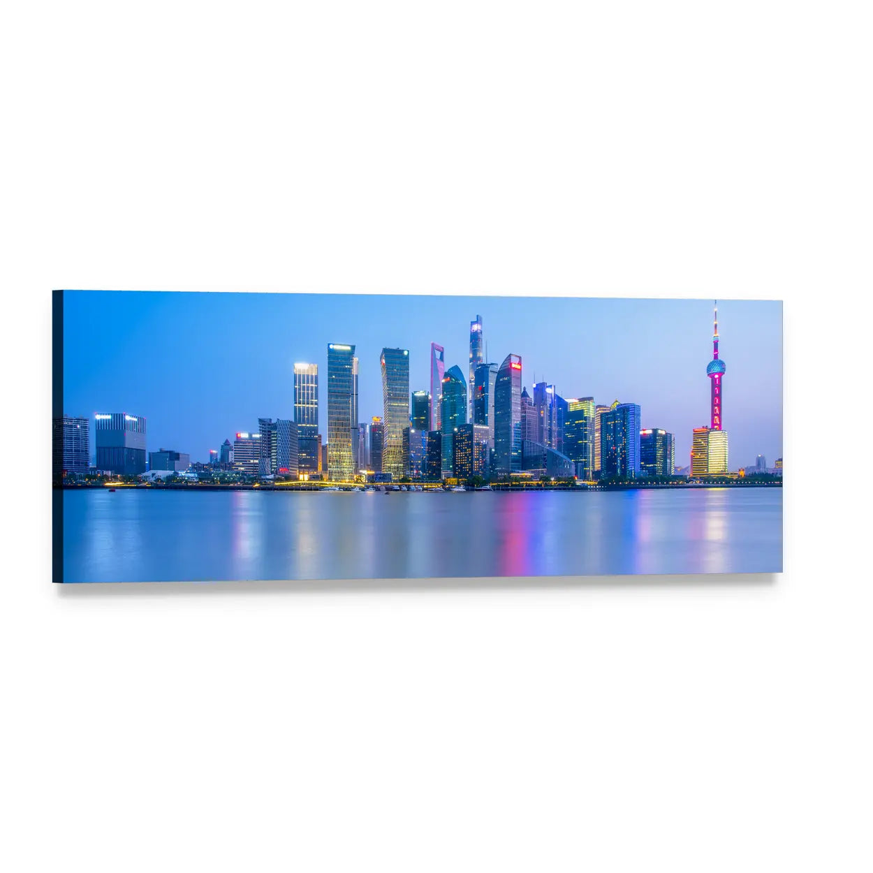 Shanghai Pudong Skyline at Twilight Panoramic Canvas Wall Art, single panel gallery wrapped canvas, angled product view