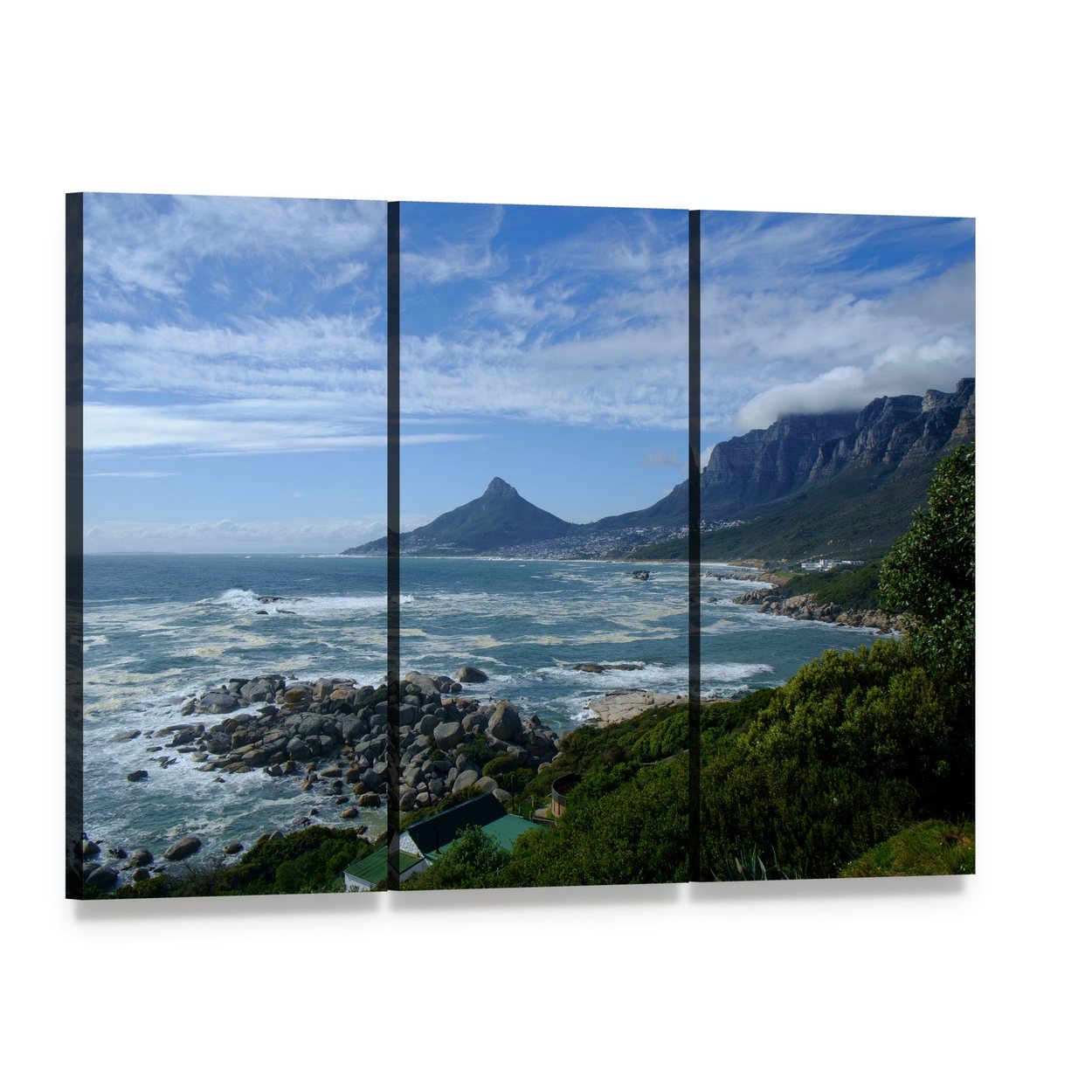 Cape Town Seaside View Canvas Wall Art, 3 panel 3 Horizontal layout gallery wrapped canvas set, angled product view