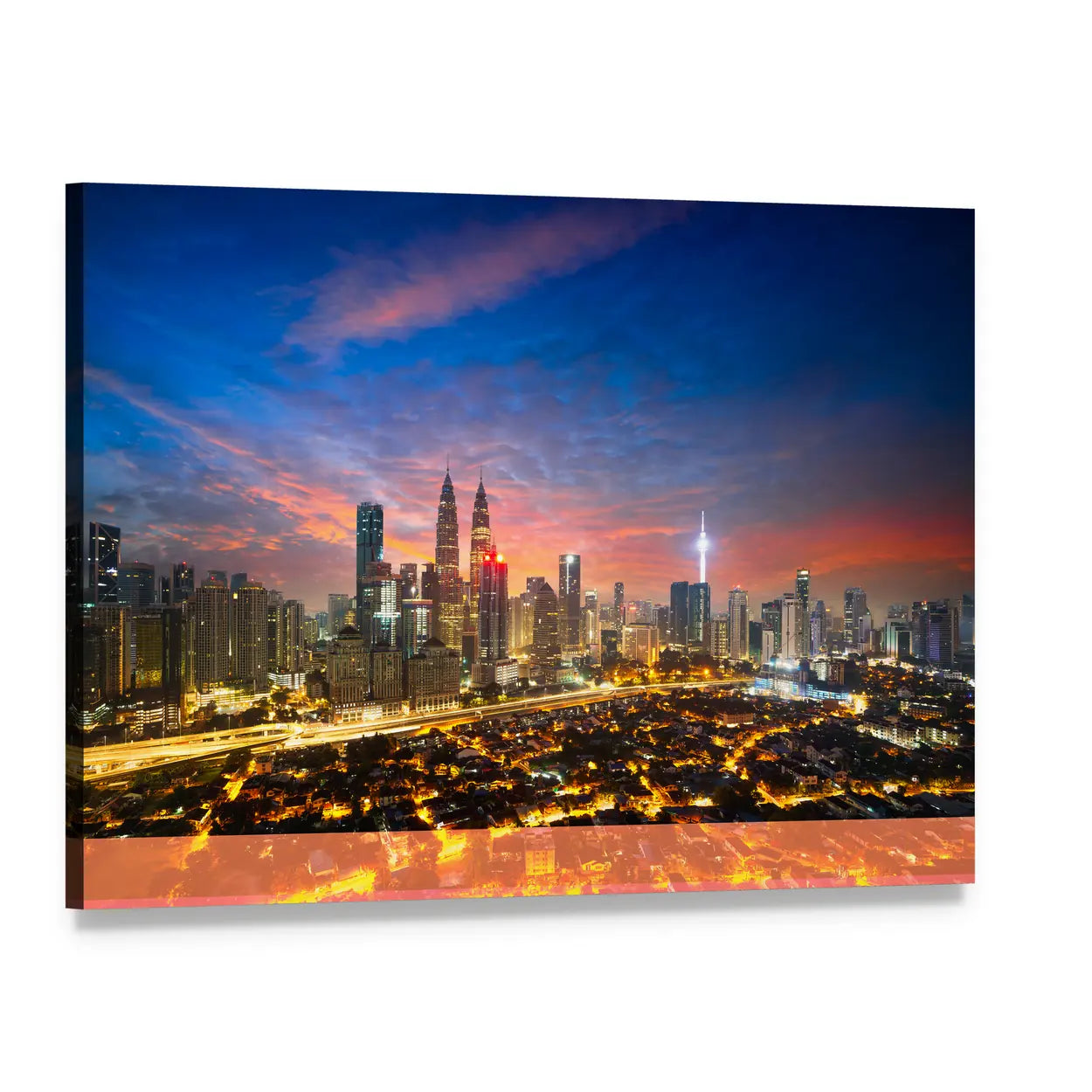 Kuala Lumpur Dusk Skyline with Petronas Twin Towers Canvas Wall Art, single panel gallery wrapped canvas, angled product view