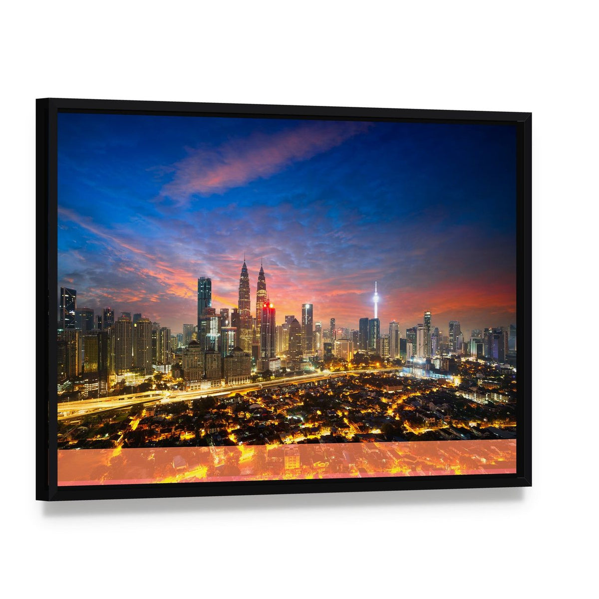 Kuala Lumpur Skyline at Dusk Canvas Wall Art, framed canvas in a black floater frame, angled product view
