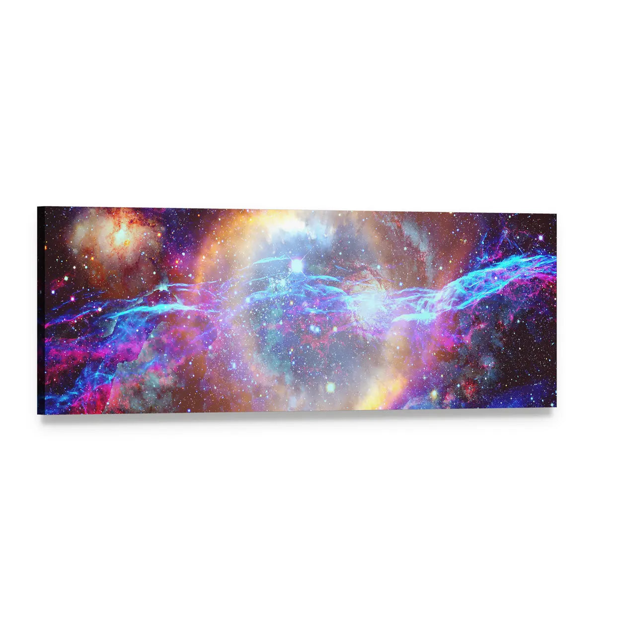 Glowing Nebula and Galaxy Panoramic Canvas Wall Art, single panel gallery wrapped canvas, angled product view