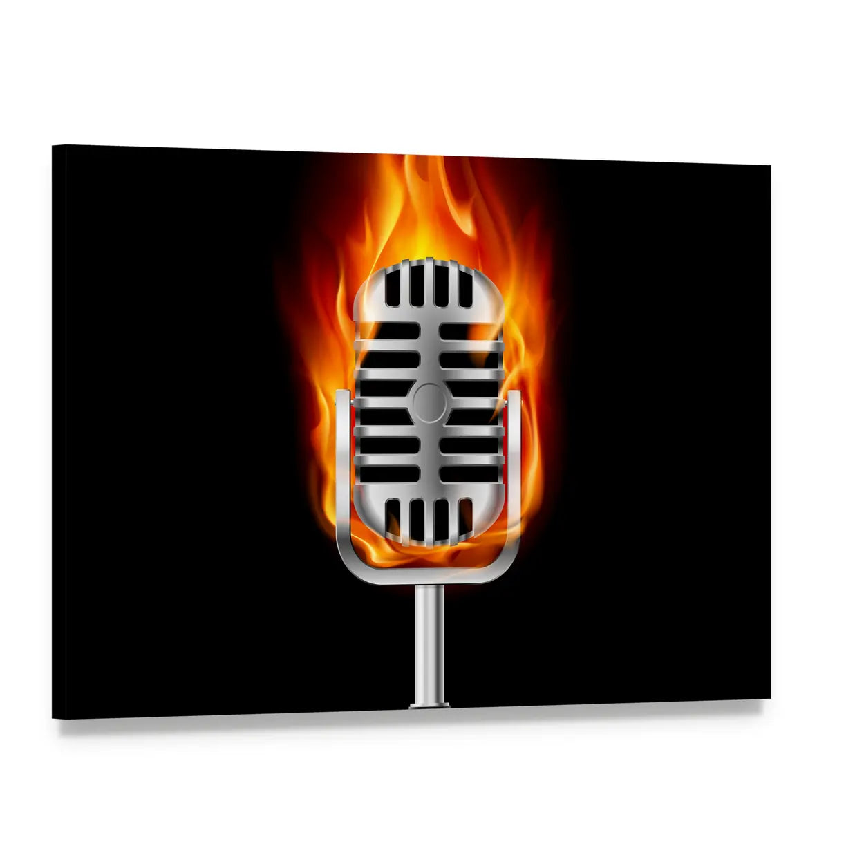 Vintage Silver Microphone in Flames Canvas Wall Art, single panel gallery wrapped canvas, angled product view