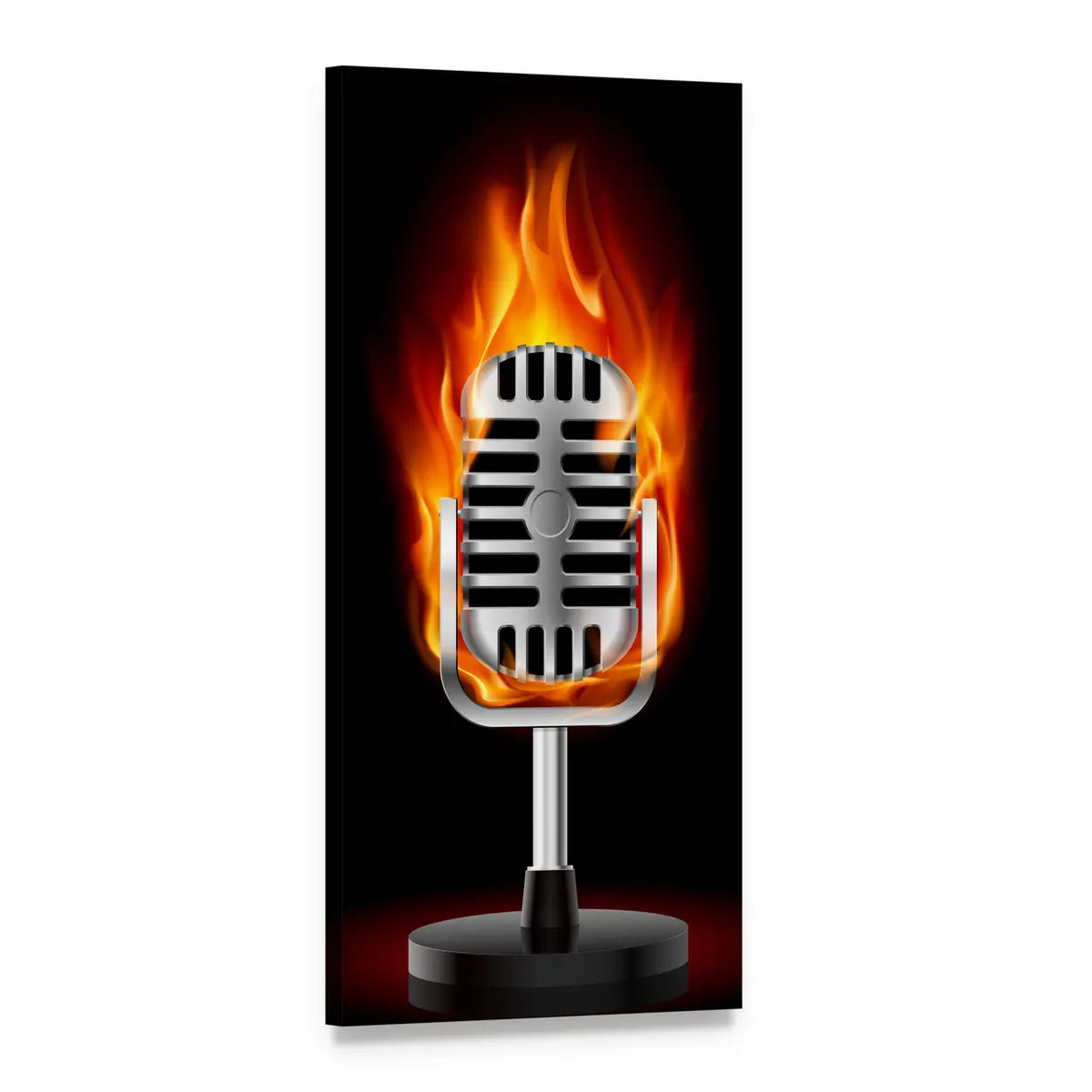 Vintage Microphone in Flames Vertical Canvas Wall Art, 1 panel 1 Vertical layout gallery wrapped canvas set, angled product view