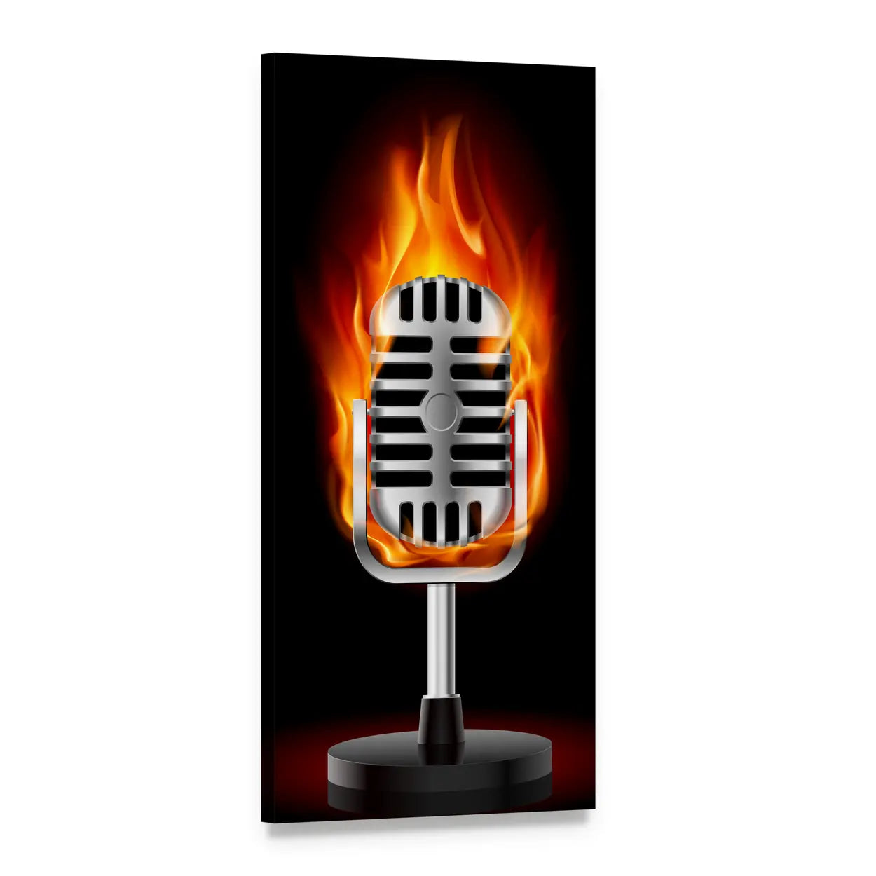 Vintage Microphone in Flames Vertical Canvas Wall Art, 1 panel 1 Vertical layout gallery wrapped canvas set, angled product view