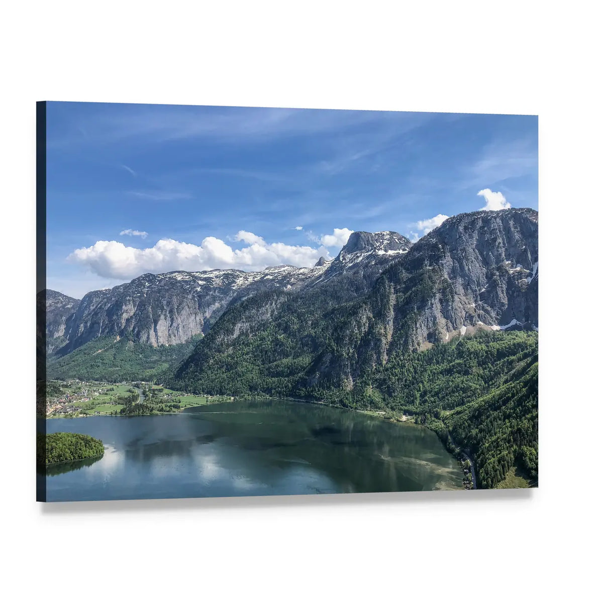 Alpine Lake and Mountain Village Canvas Wall Art, single panel gallery wrapped canvas, angled product view