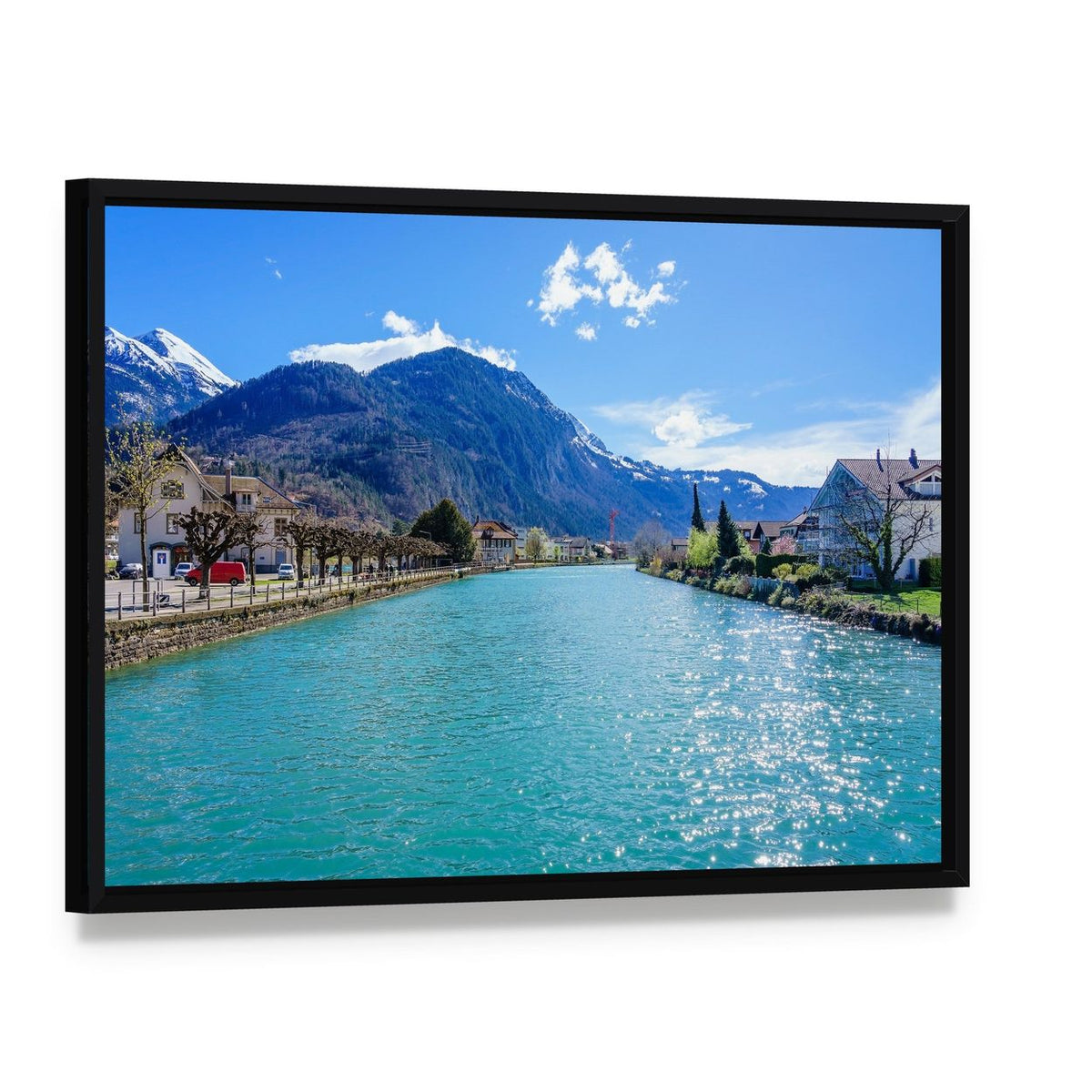 Interlaken Lake Canal Canvas Wall Art, framed canvas in a black floater frame, angled product view