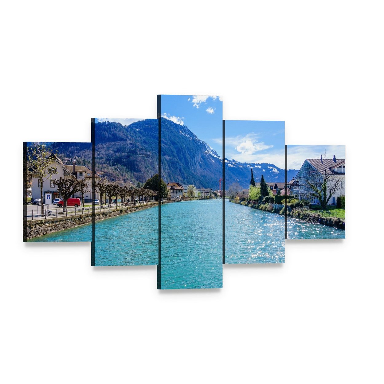 Interlaken Lake Canal Canvas Wall Art, 5 panel 5 Star layout gallery wrapped canvas set, angled product view