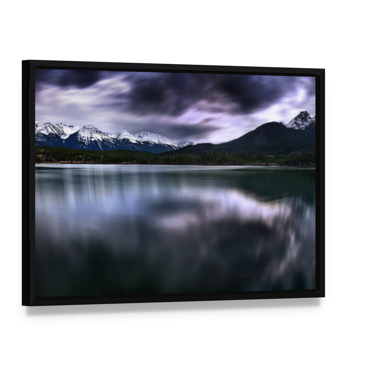 Forest and Mountain Lake View Canvas Wall Art, framed canvas in a black floater frame, angled product view