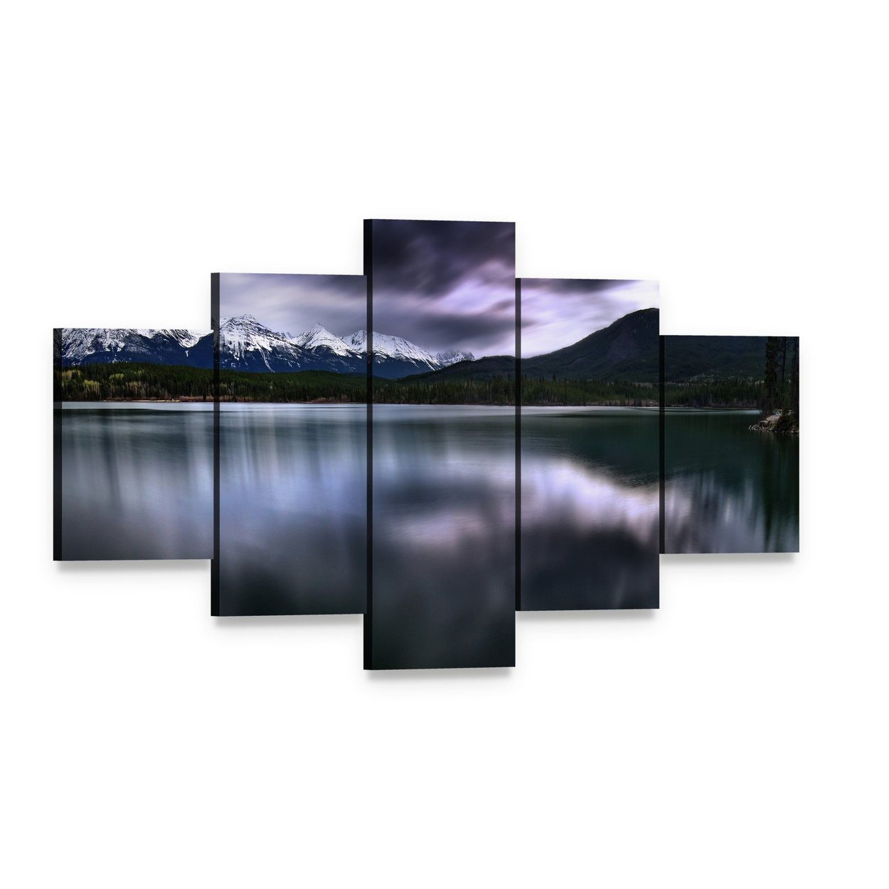 Forest and Mountain Lake View Canvas Wall Art, 5 panel 5 Star layout gallery wrapped canvas set, angled product view