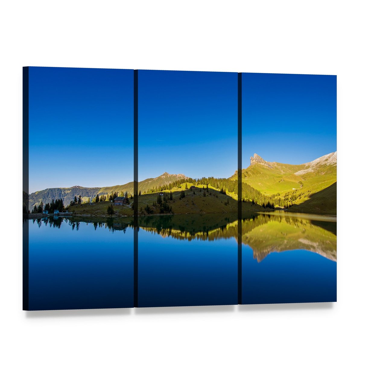 Forest and Mountains Reflected in Lake Canvas Wall Art, 3 panel 3 Horizontal layout gallery wrapped canvas set, angled product view