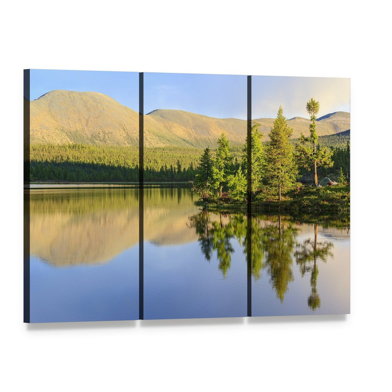 Sunlit Mountain Lake Canvas Wall Art, 3 panel 3 Horizontal layout gallery wrapped canvas set, angled product view