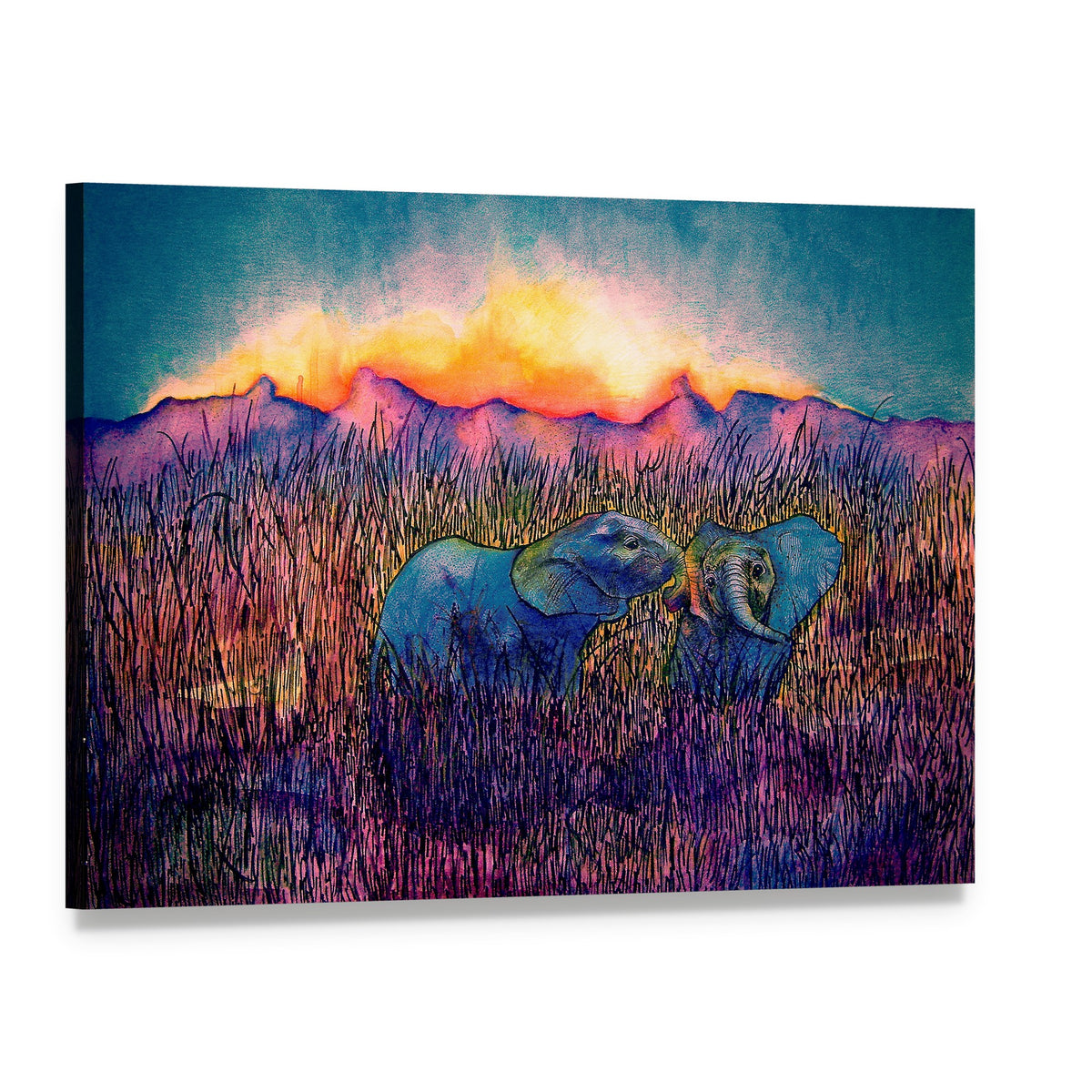 Two Elephants in the Savannah Canvas Wall Art, single panel gallery wrapped canvas, angled product view