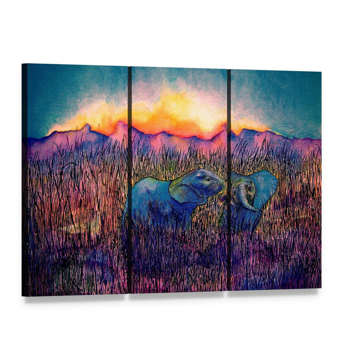 Two Elephants in the Savannah Canvas Wall Art, 3 panel 3 Horizontal layout gallery wrapped canvas set, angled product view