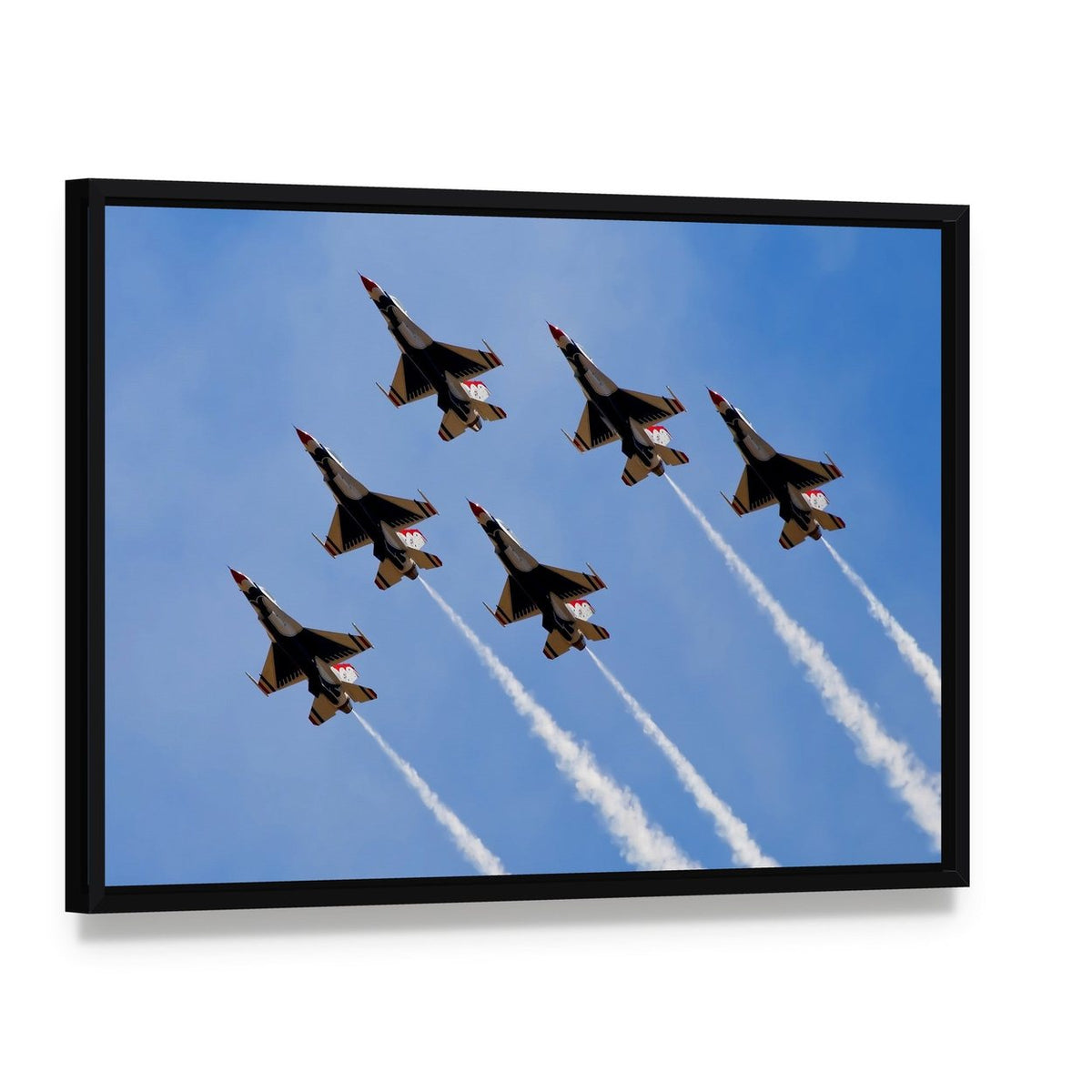 Six Fighter Jets with Smoke Trails Canvas Wall Art, framed canvas in a black floater frame, angled product view